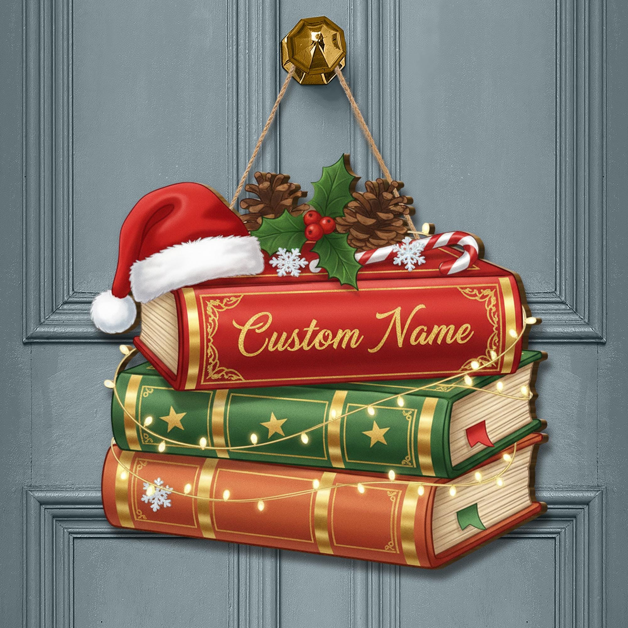 Personalized Wooden Book Stack Sign – Holiday Door Wall Hanging