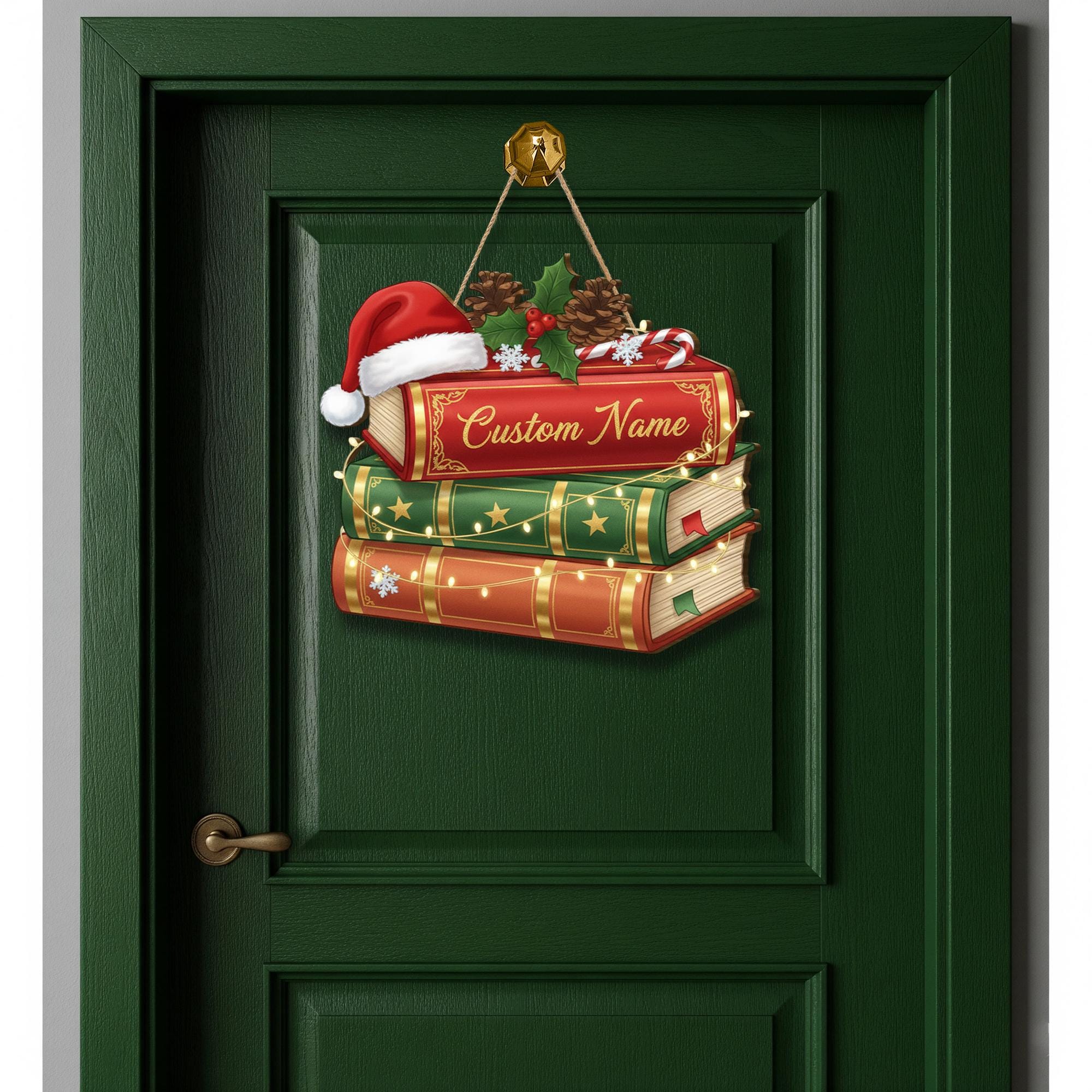 Personalized Wooden Book Stack Sign – Holiday Door Wall Hanging