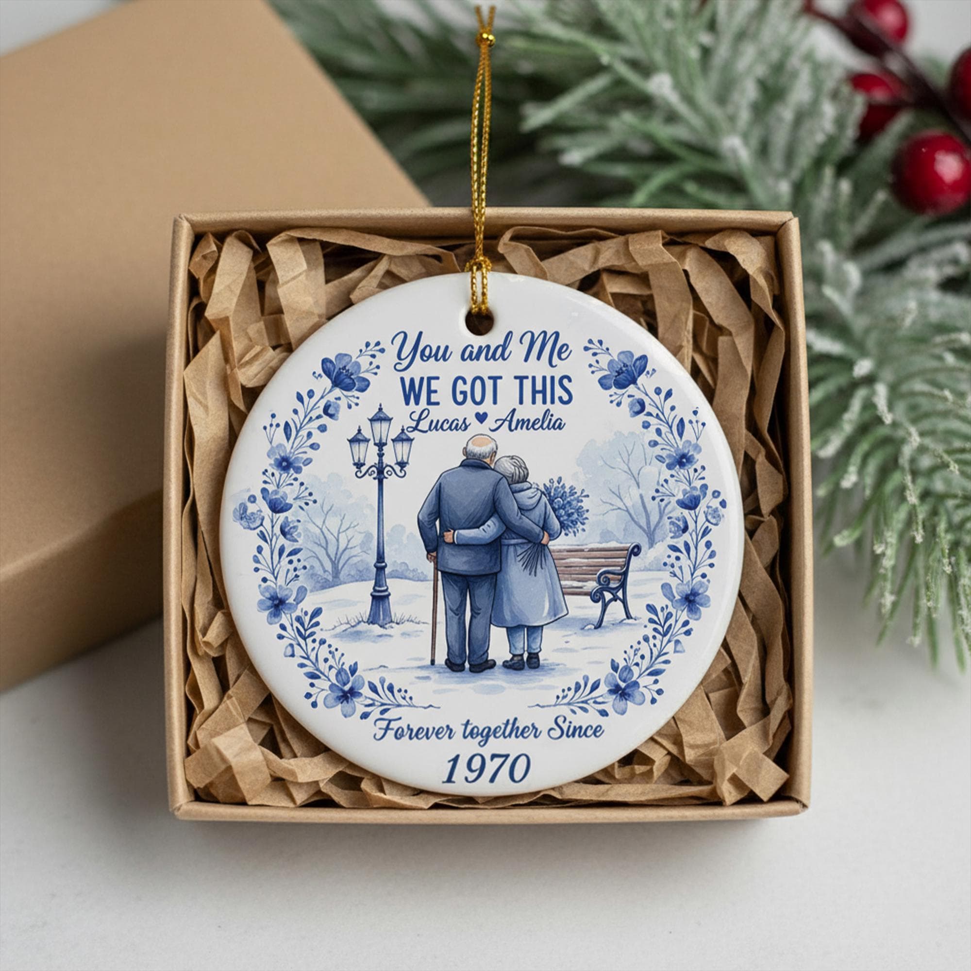 Personalized Ceramic Ornament – Anniversary Couple Design Vintage Blue Floral
