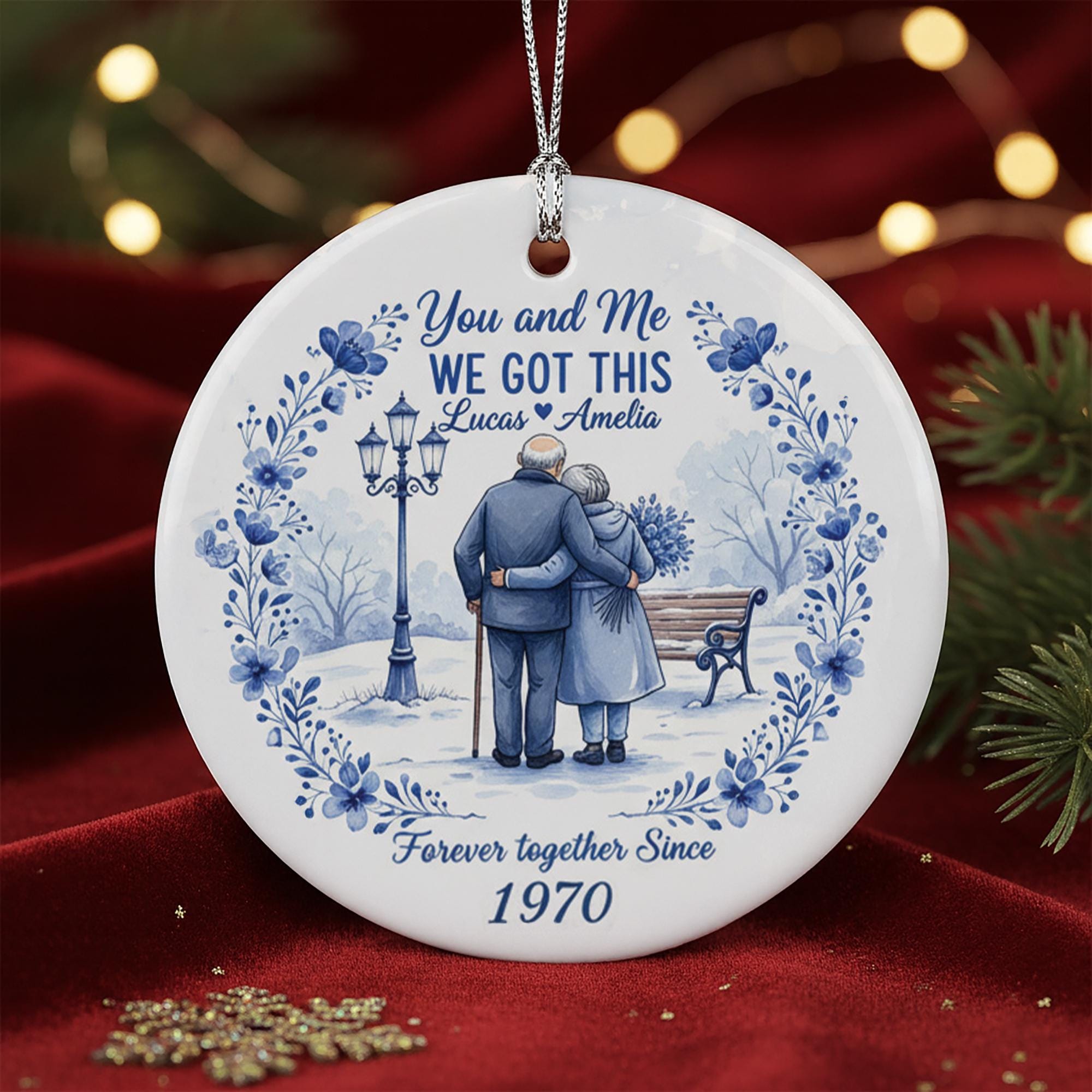 Personalized Ceramic Ornament – Anniversary Couple Design Vintage Blue Floral