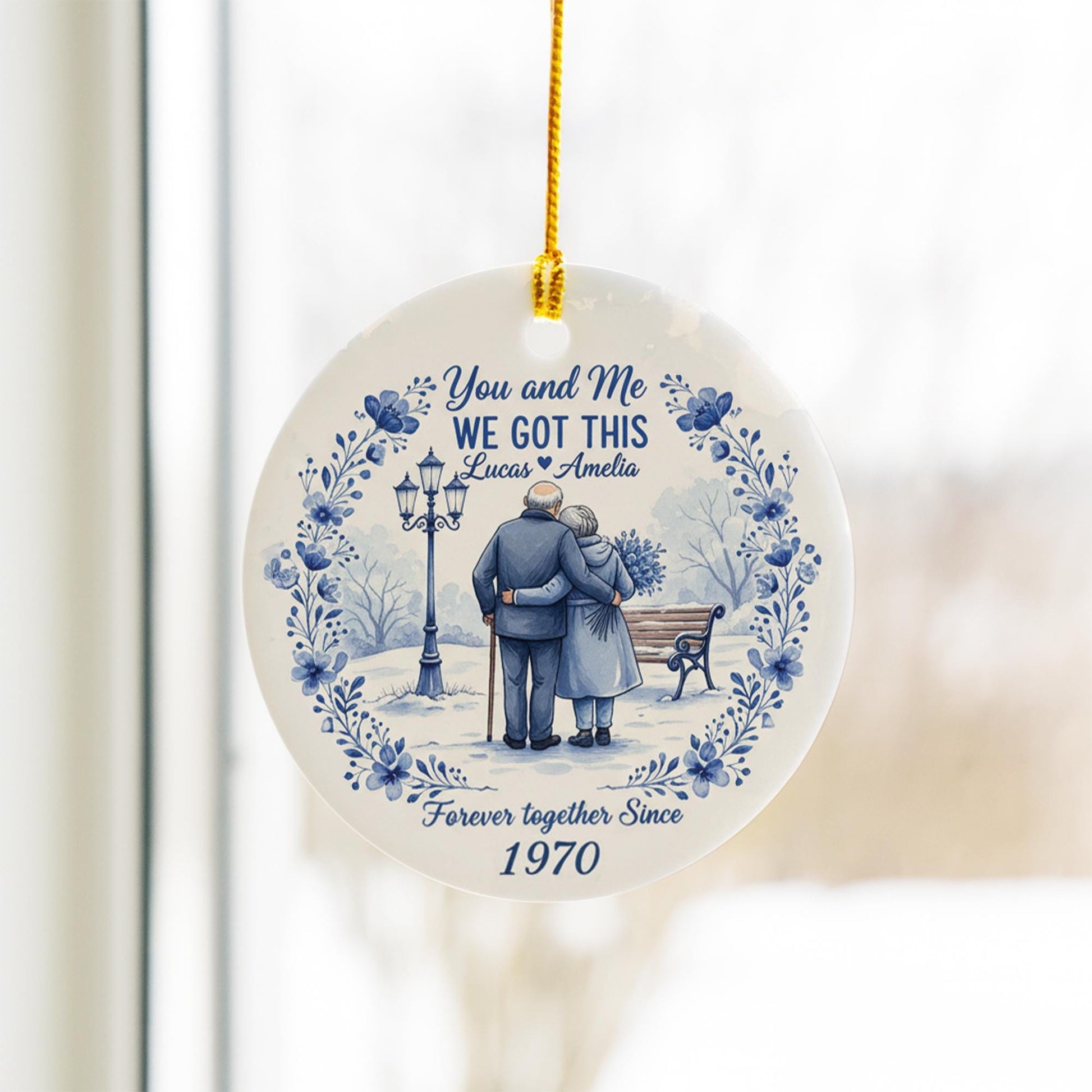 Personalized Ceramic Ornament – Anniversary Couple Design Vintage Blue Floral
