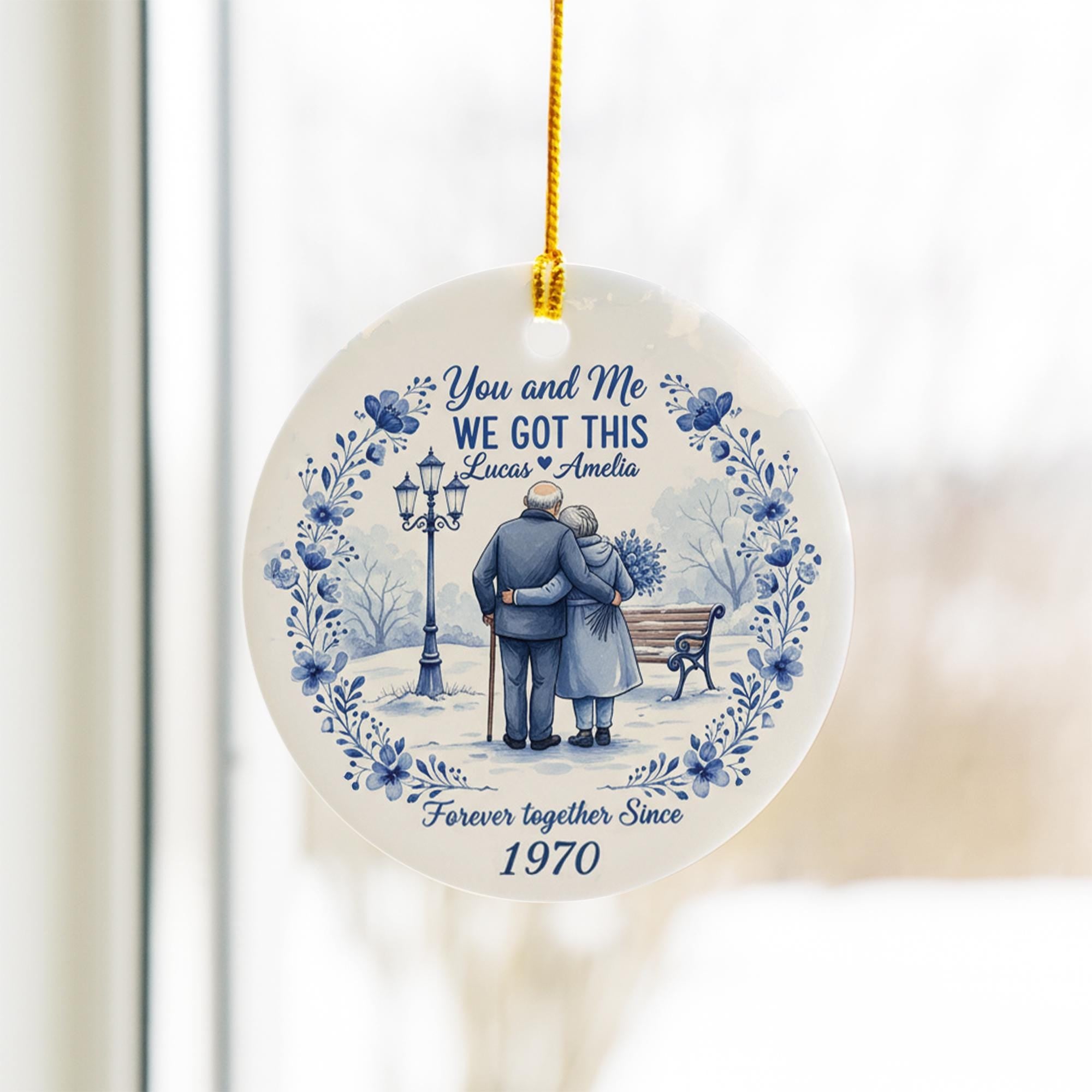 Personalized Ceramic Ornament – Anniversary Couple Design Vintage Blue Floral