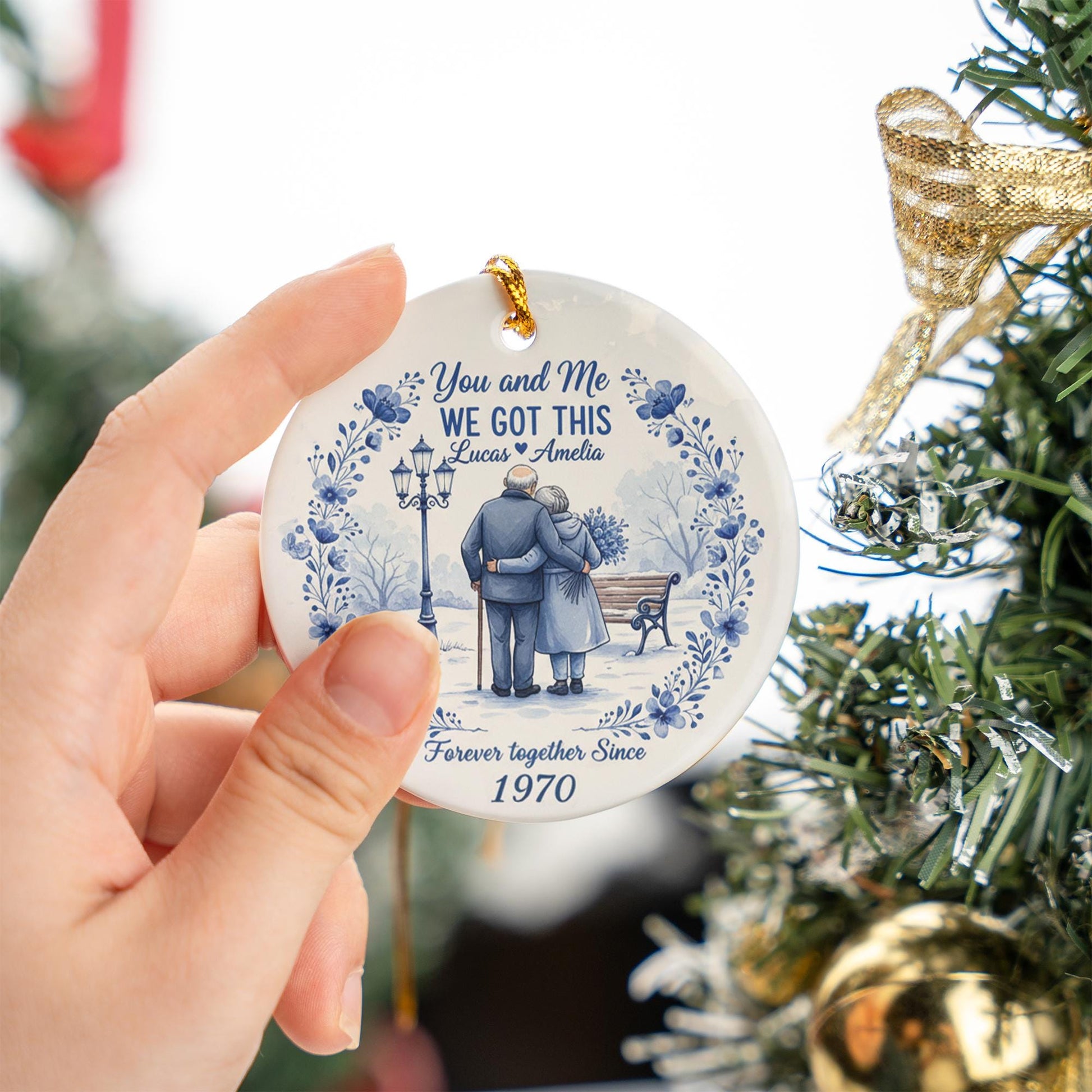 Personalized Ceramic Ornament – Anniversary Couple Design Vintage Blue Floral