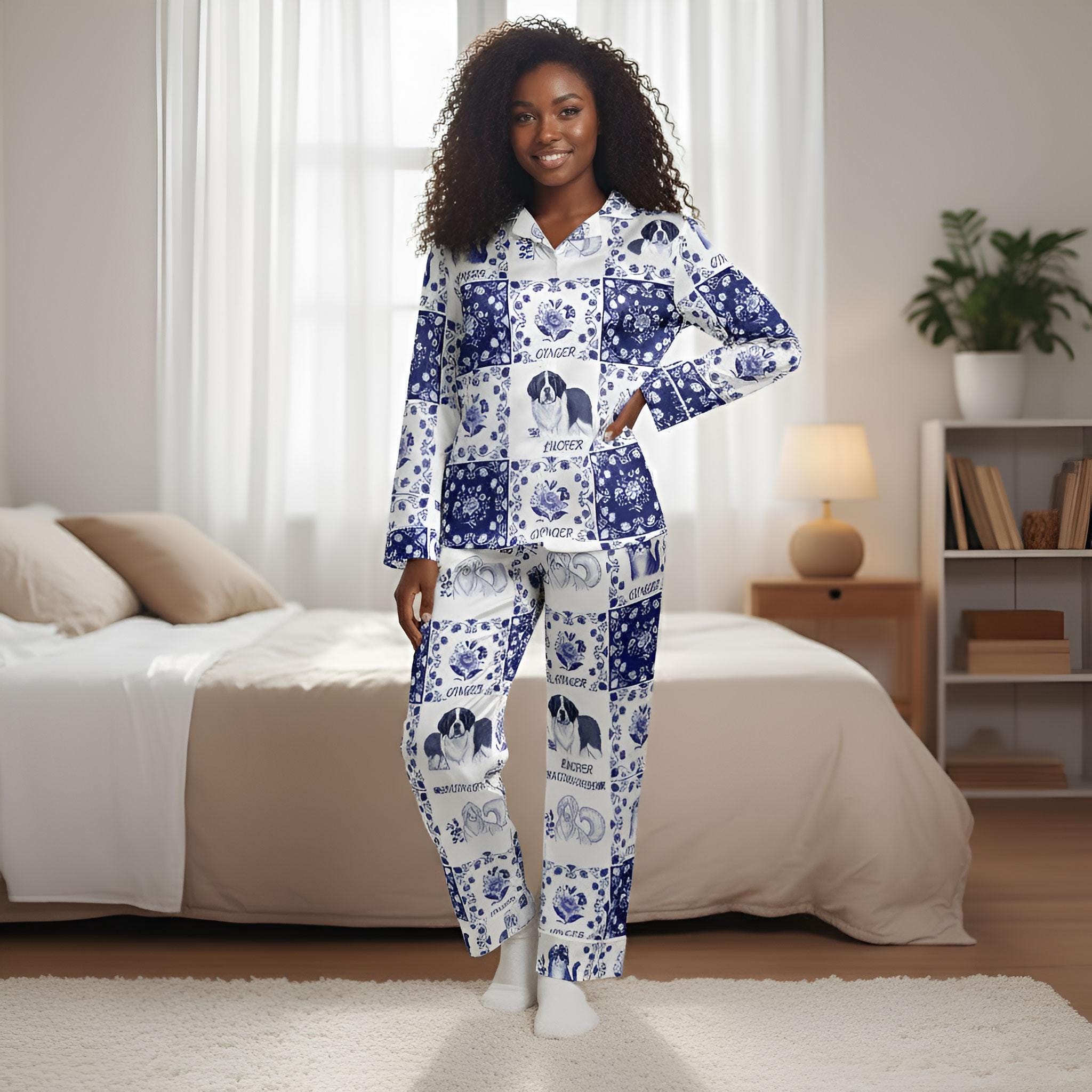 Chinoiserie Toile Dog Mom Cat Mom - Personalized Satin Pajama Set