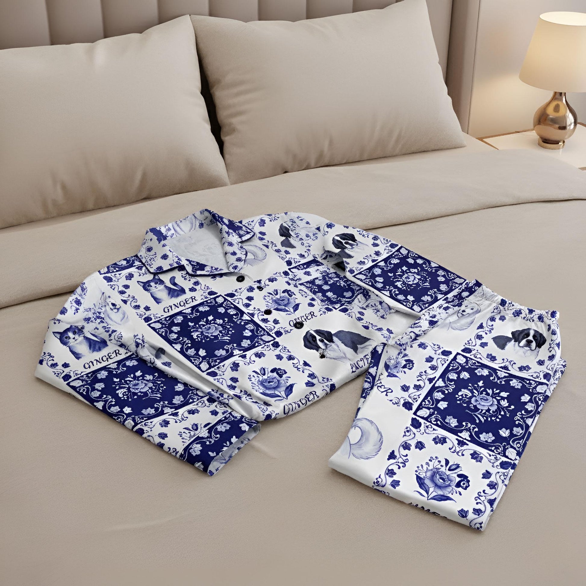 Chinoiserie Toile Dog Mom Cat Mom - Personalized Satin Pajama Set