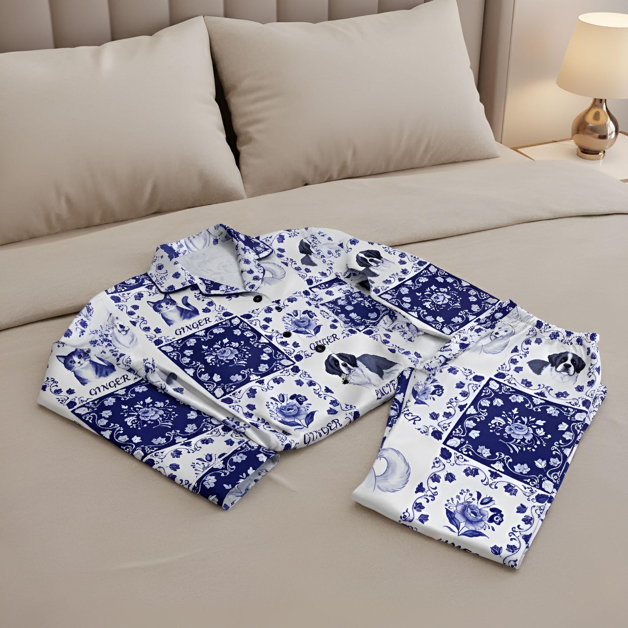 Chinoiserie Toile Dog Mom Cat Mom - Personalized Satin Pajama Set