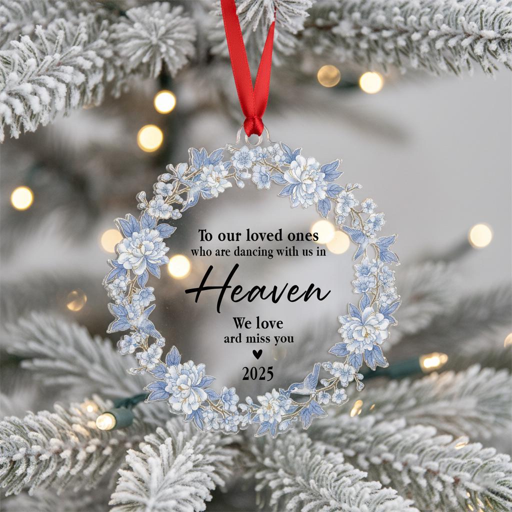 Personalized Memorial Ornament: "Dancing in Heaven" Quote, Blue Floral Wreath, Christmas Tree Decor
