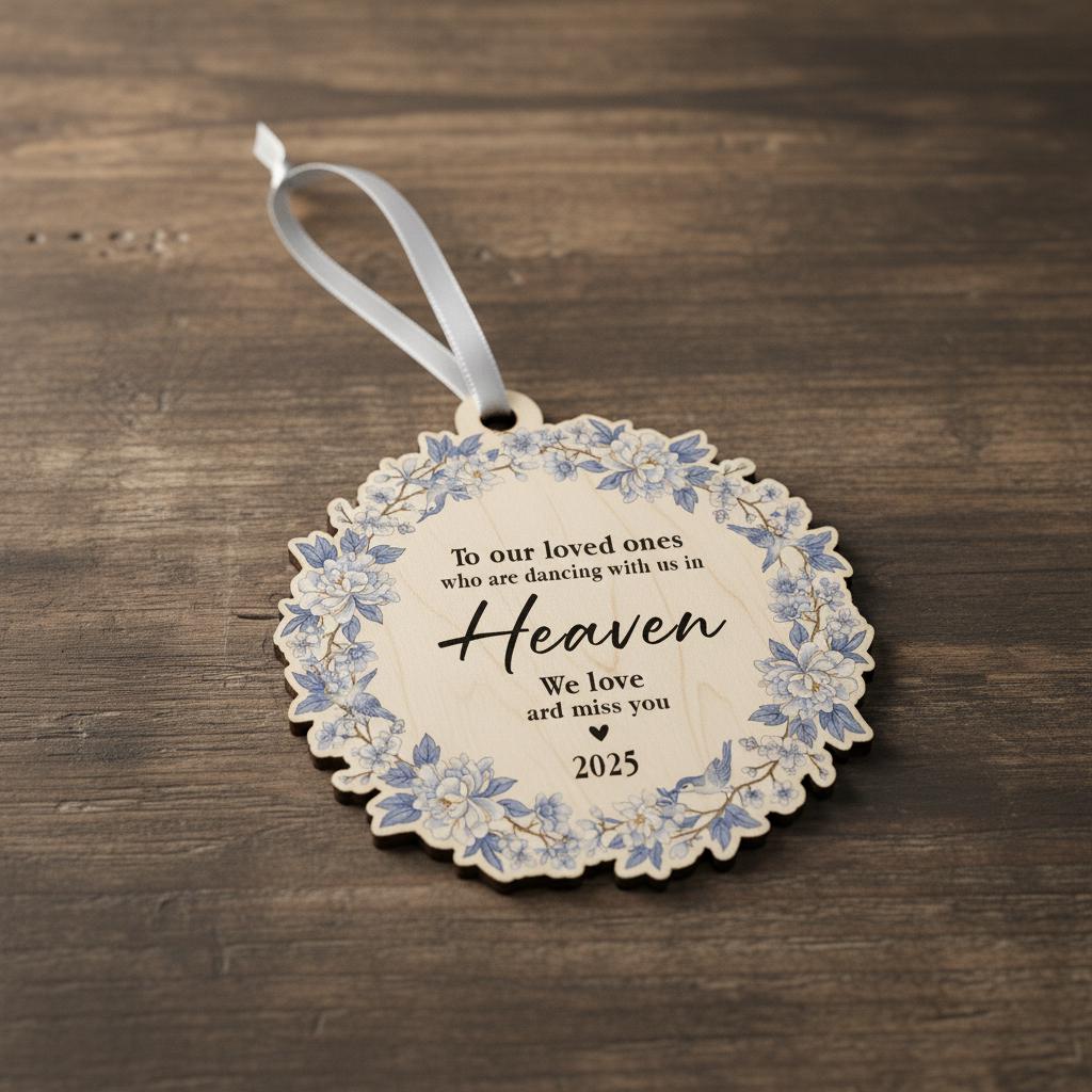 Personalized Memorial Ornament: "Dancing in Heaven" Quote, Blue Floral Wreath, Christmas Tree Decor