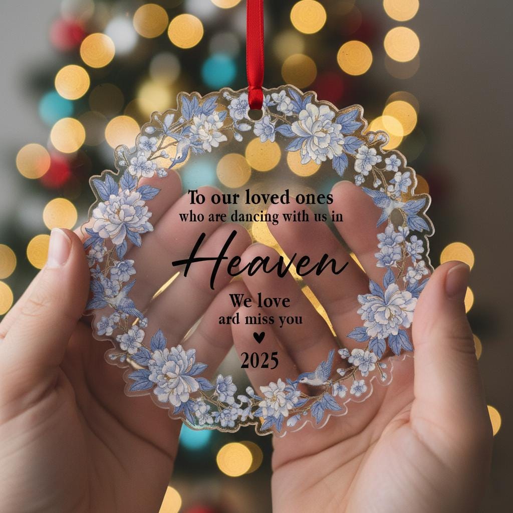 Personalized Memorial Ornament: "Dancing in Heaven" Quote, Blue Floral Wreath, Christmas Tree Decor