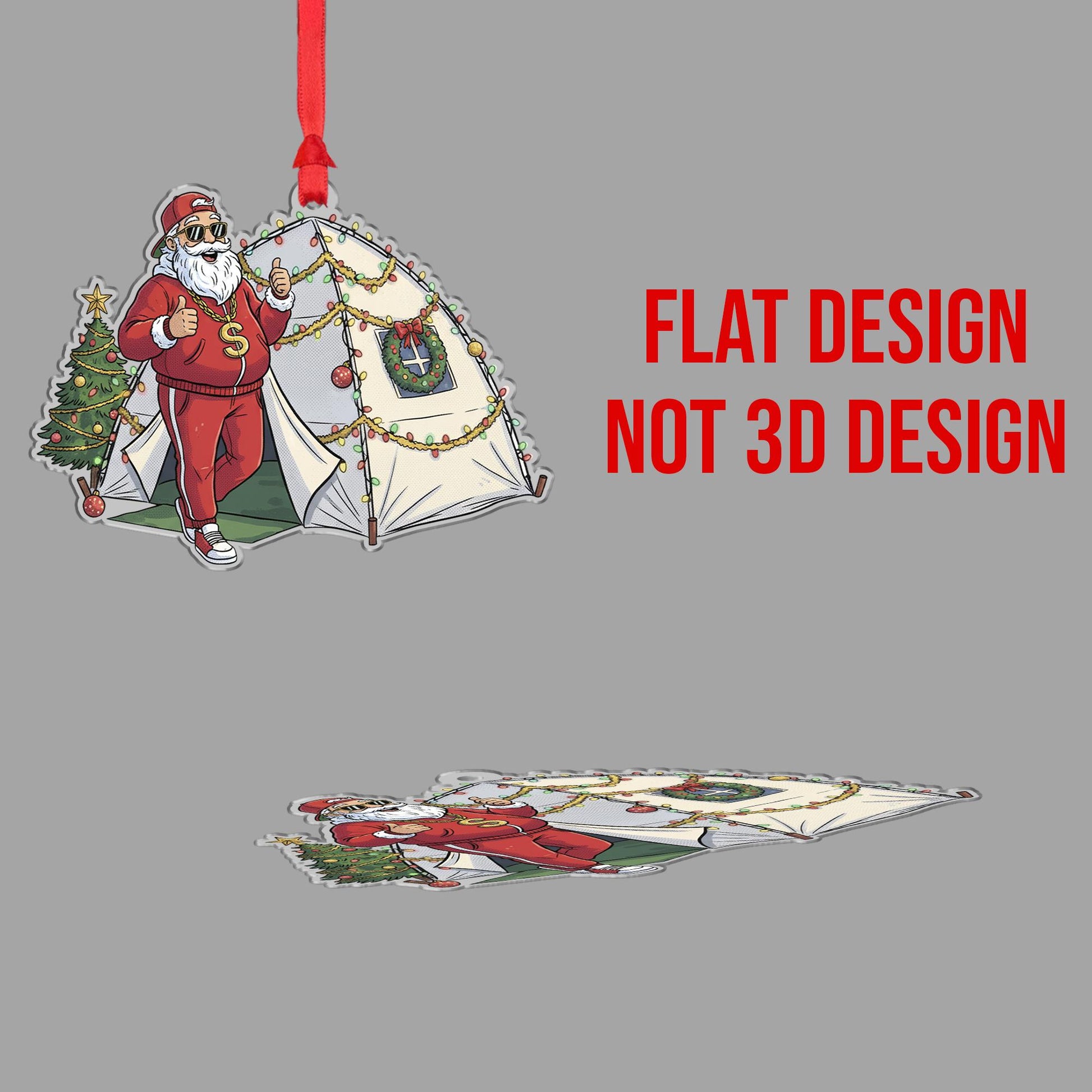 Santa Claus Ornament with Tent and Christmas Tree, Camping Theme Holiday Decoration
