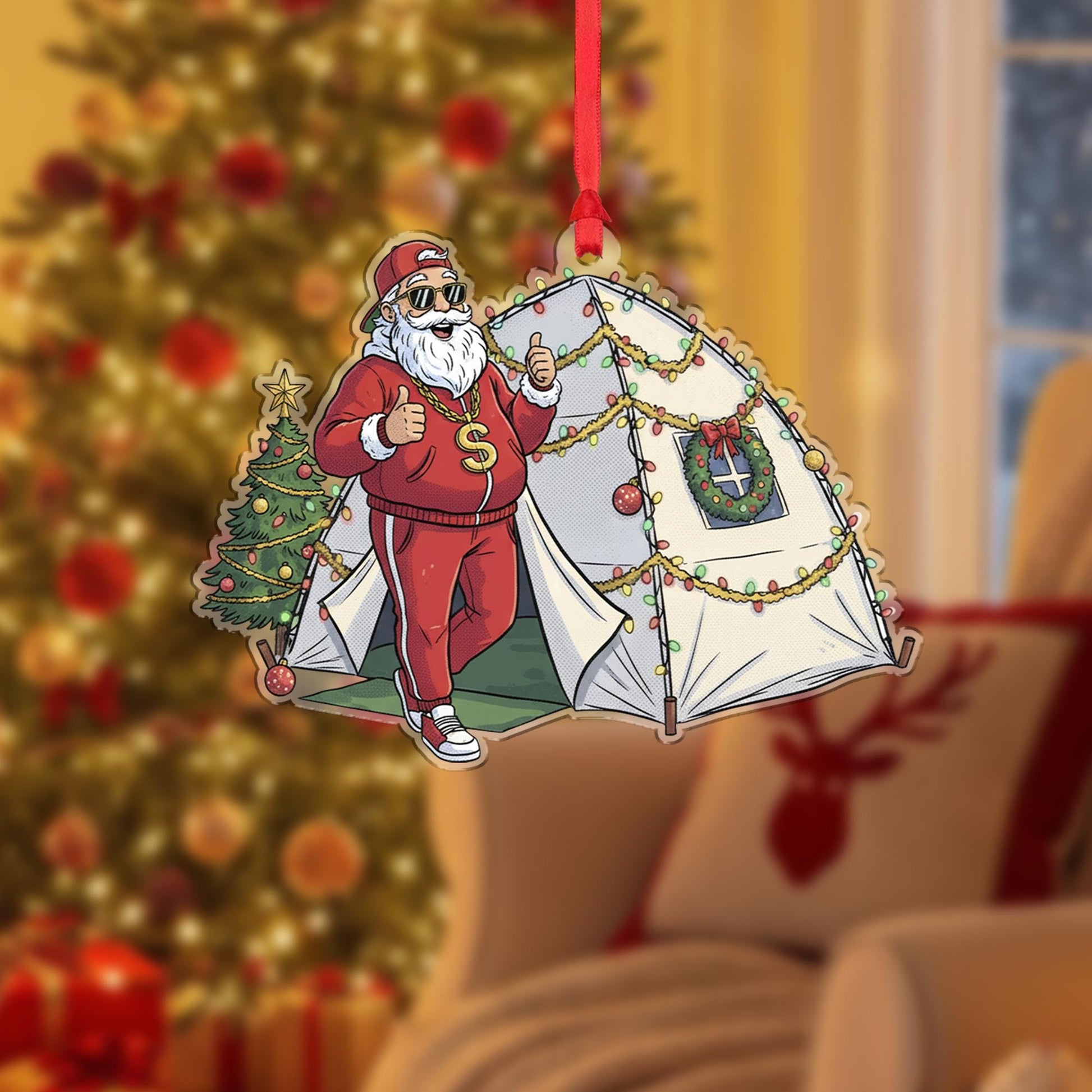 Santa Claus Ornament with Tent and Christmas Tree, Camping Theme Holiday Decoration