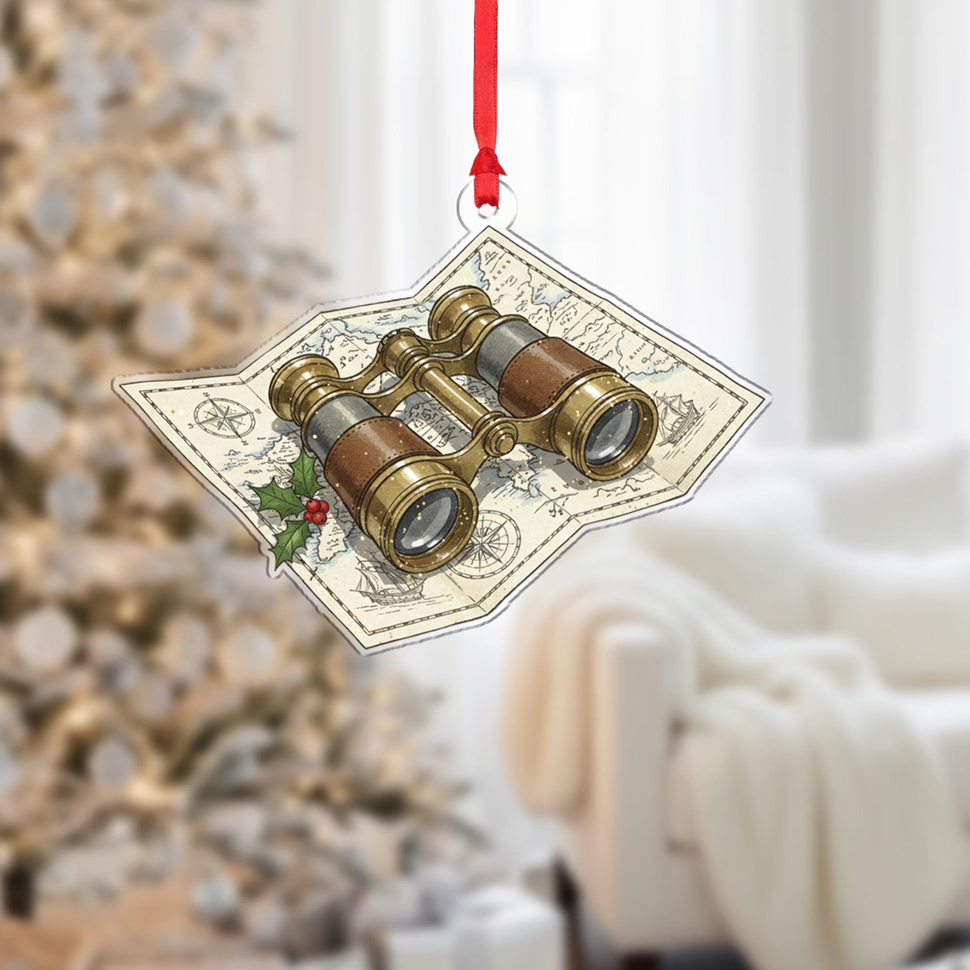 Binoculars Ornament with Vintage Map and Holly Detail, Travel Explorer Christmas Decoration