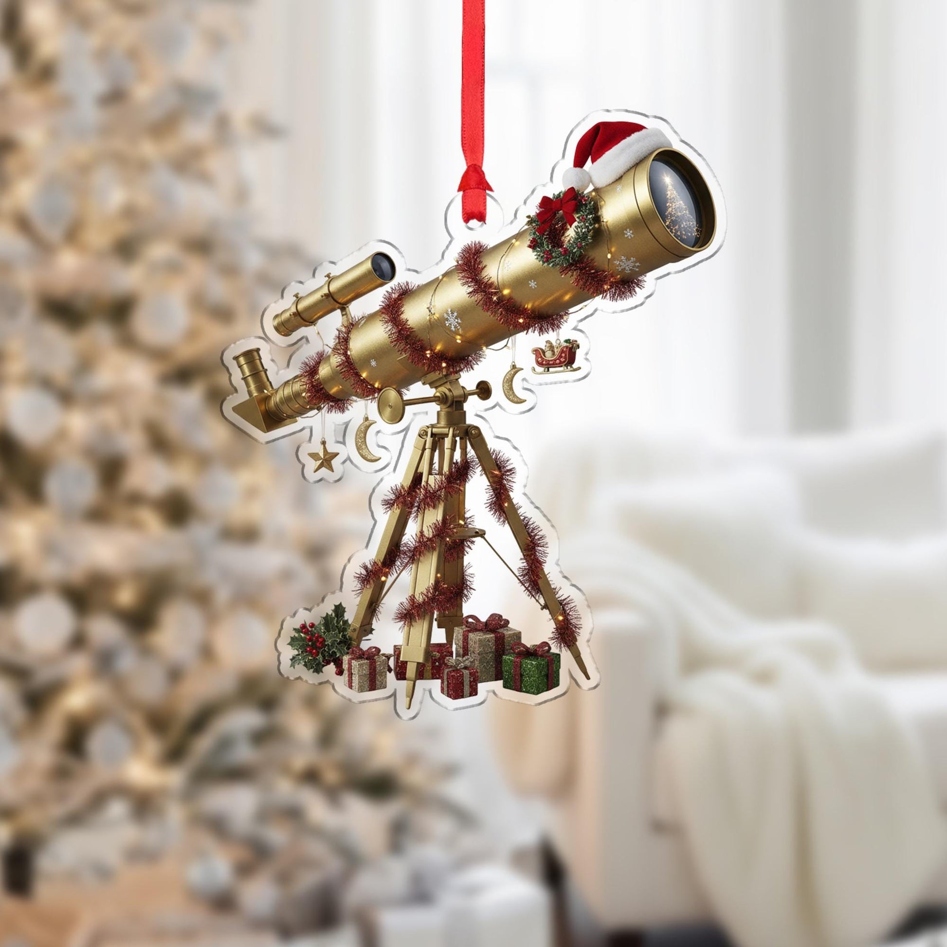 Telescope Ornament with Tripod and Holiday Garland, Astronomy Theme Christmas Decoration