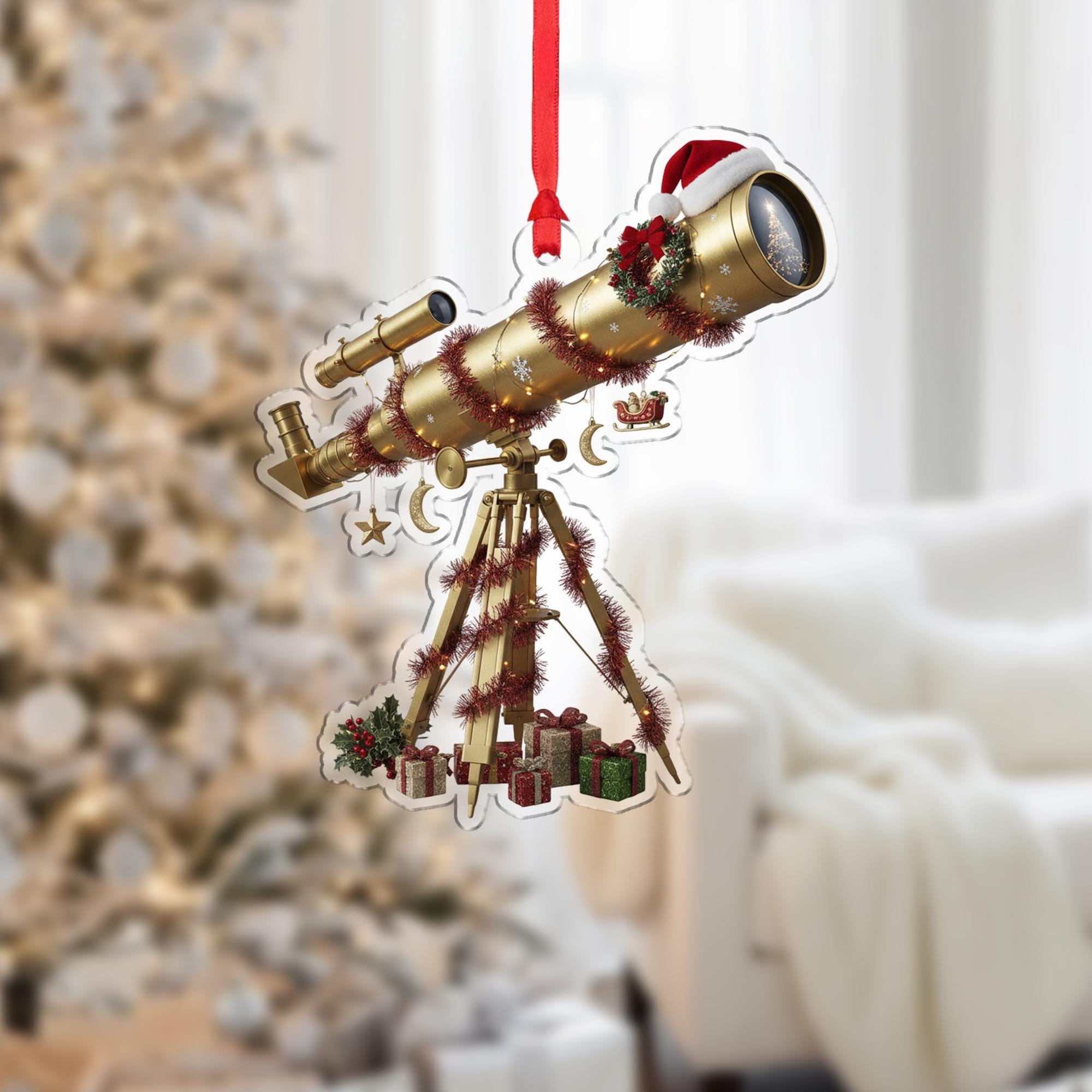 Telescope Ornament with Tripod and Holiday Garland, Astronomy Theme Christmas Decoration