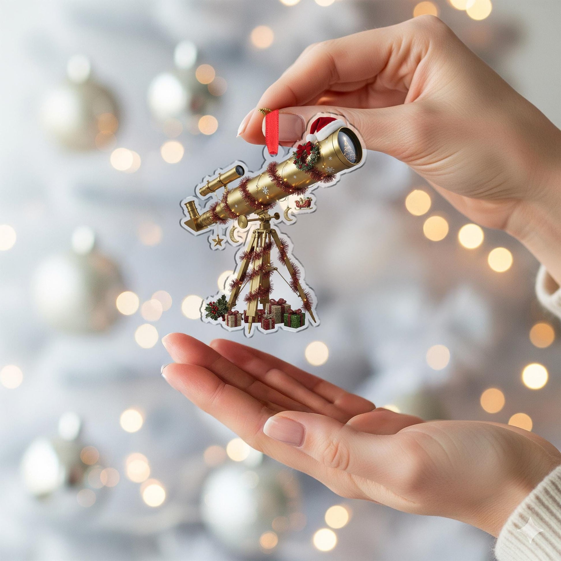 Telescope Ornament with Tripod and Holiday Garland, Astronomy Theme Christmas Decoration