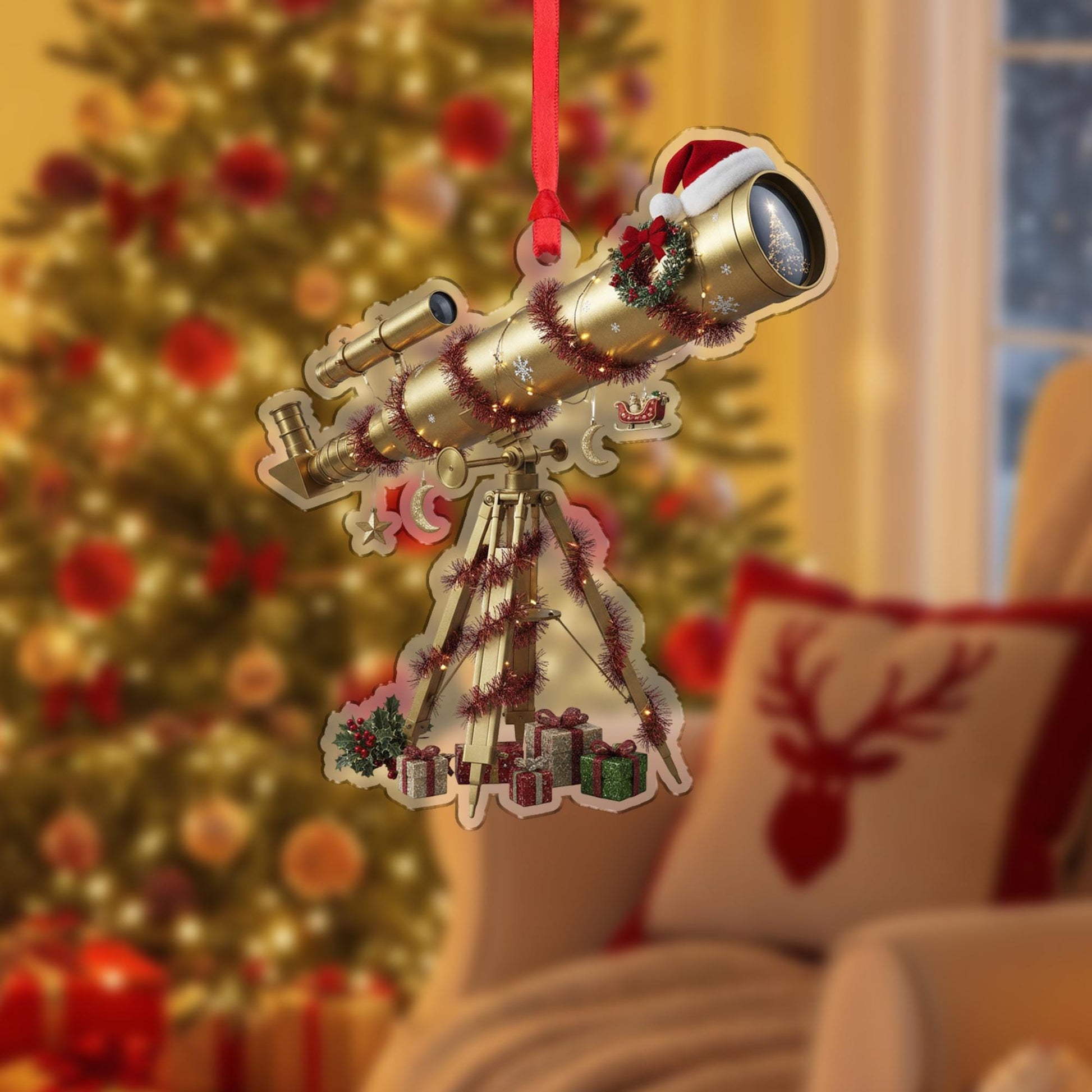 Telescope Ornament with Tripod and Holiday Garland, Astronomy Theme Christmas Decoration