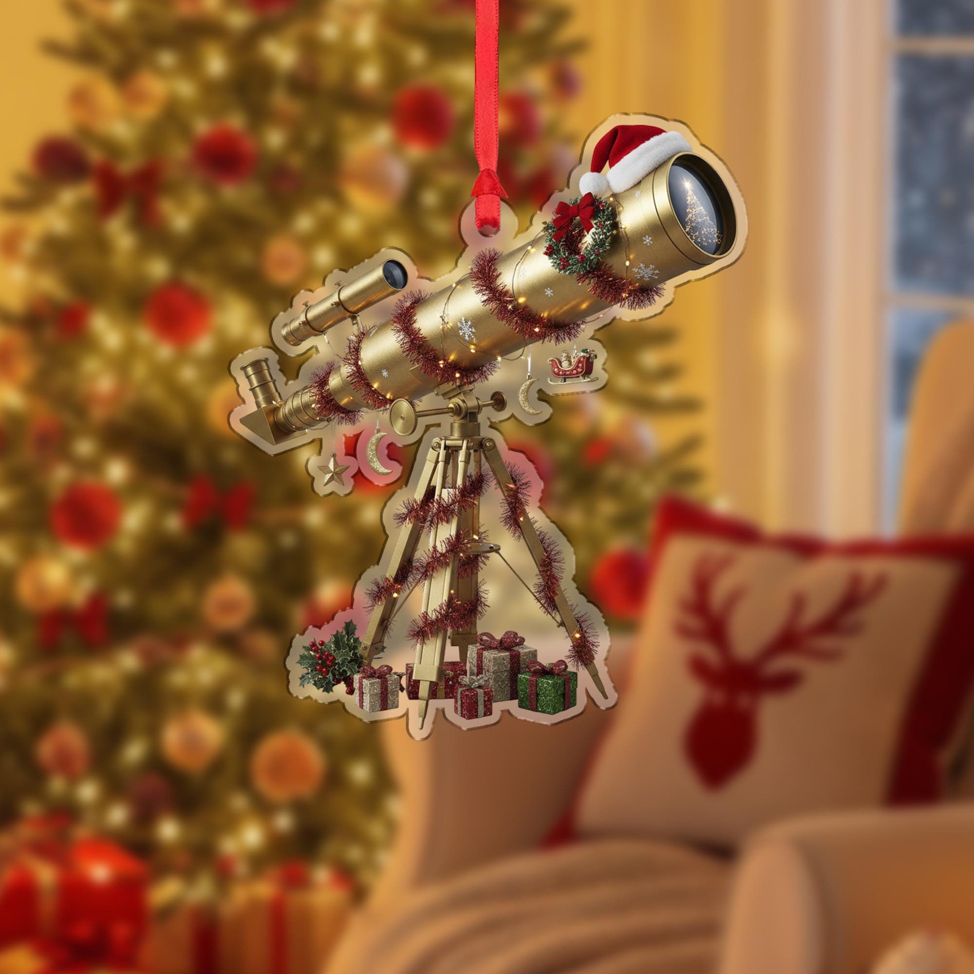 Telescope Ornament with Tripod and Holiday Garland, Astronomy Theme Christmas Decoration