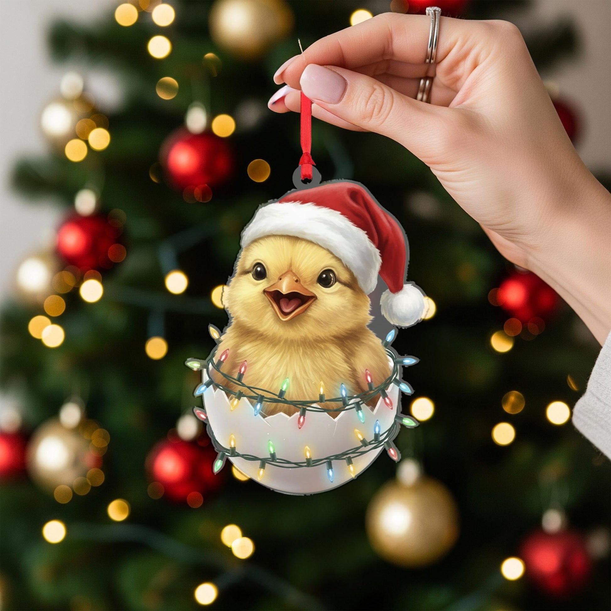Chick Ornament with Santa Hat and Holiday Lights, Christmas Decoration in Eggshell Design