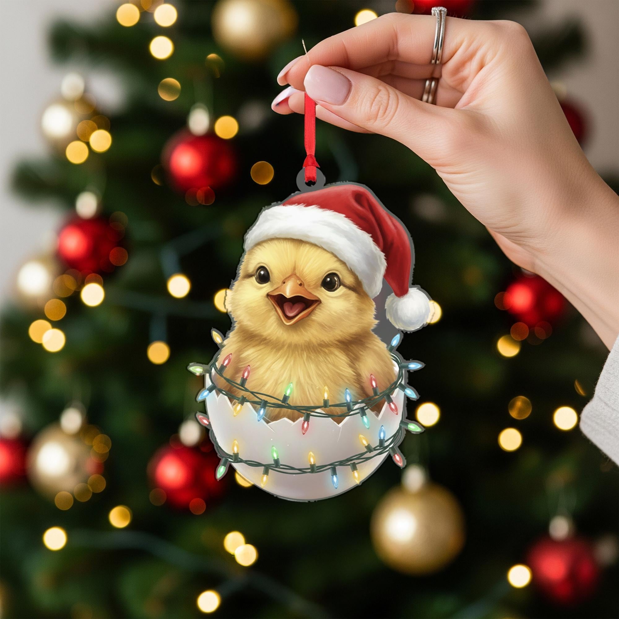 Chick Ornament with Santa Hat and Holiday Lights, Christmas Decoration in Eggshell Design