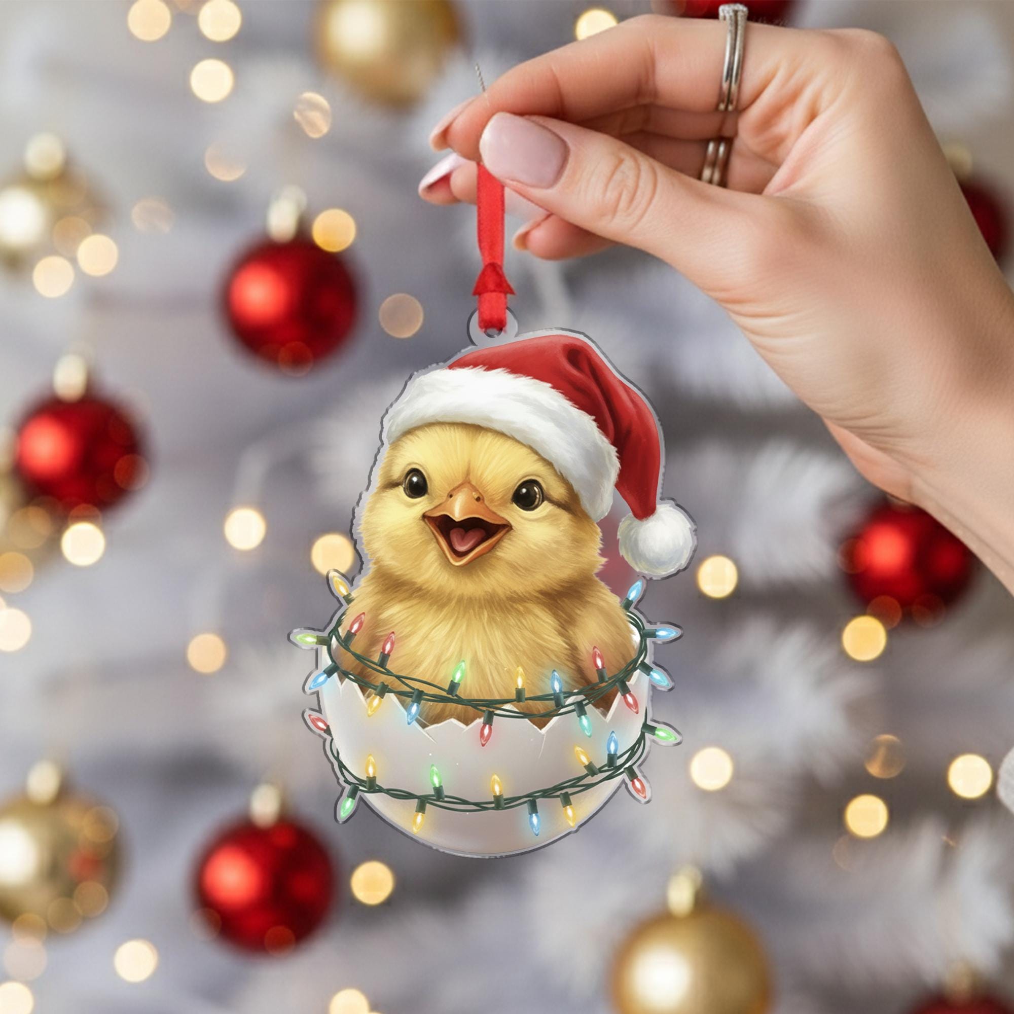 Chick Ornament with Santa Hat and Holiday Lights, Christmas Decoration in Eggshell Design