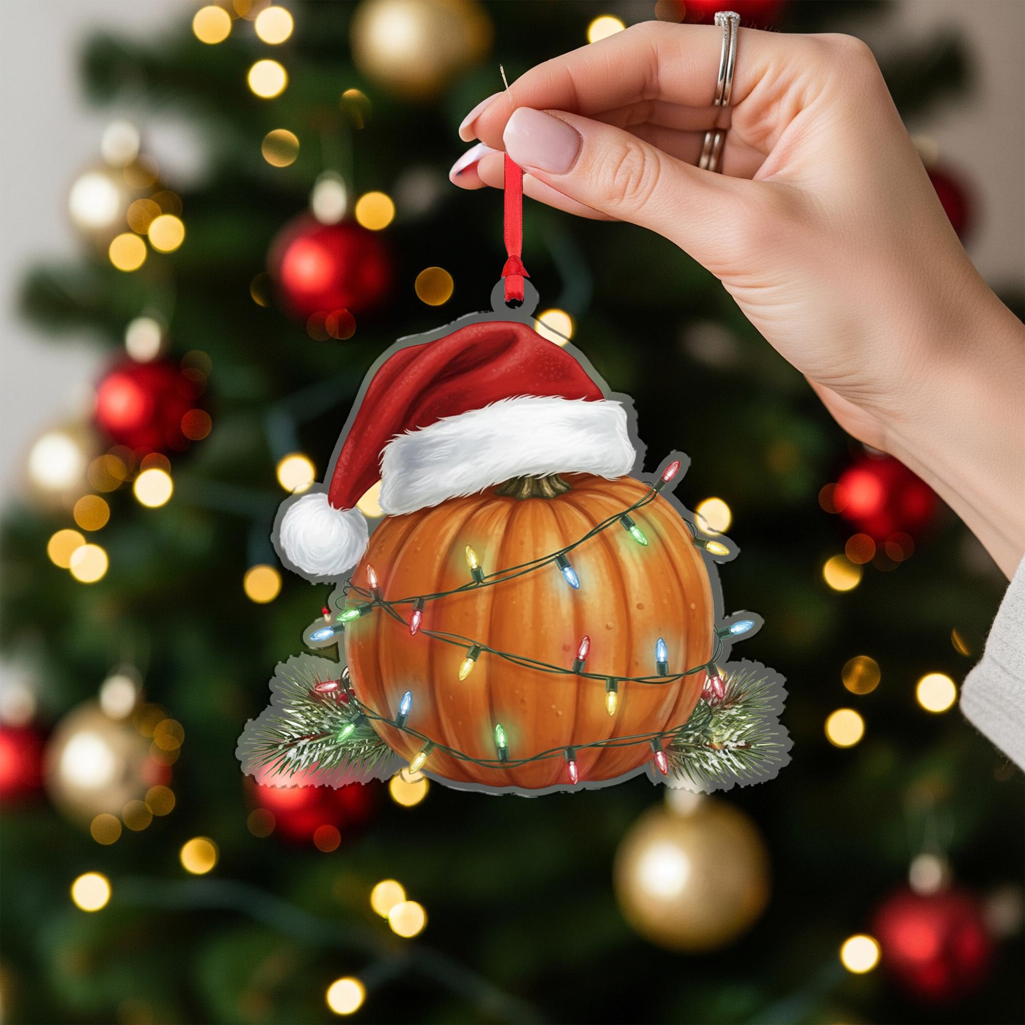Pumpkin Ornament with Santa Hat and Holiday Lights, Christmas Decoration with Pine Detail