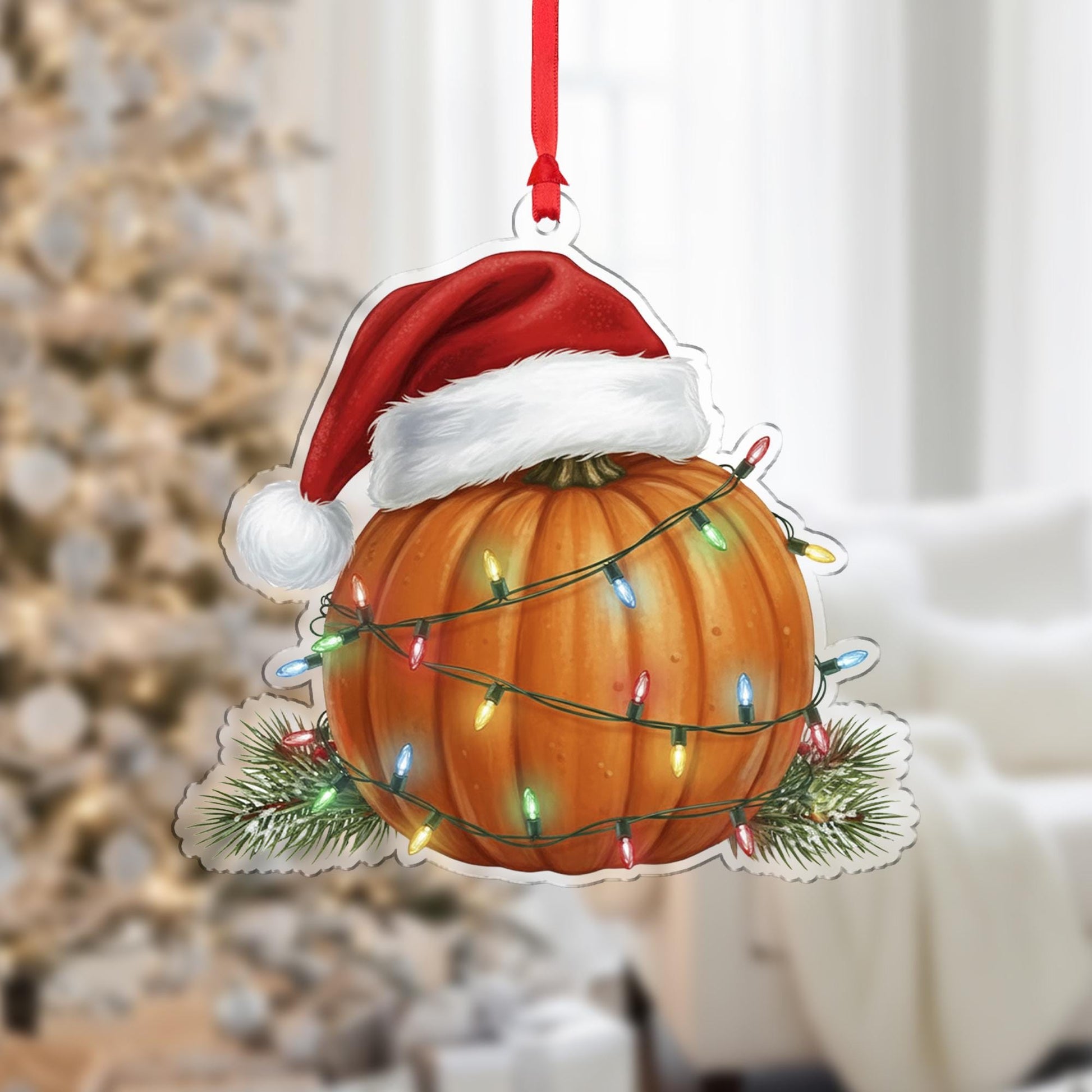 Pumpkin Ornament with Santa Hat and Holiday Lights, Christmas Decoration with Pine Detail