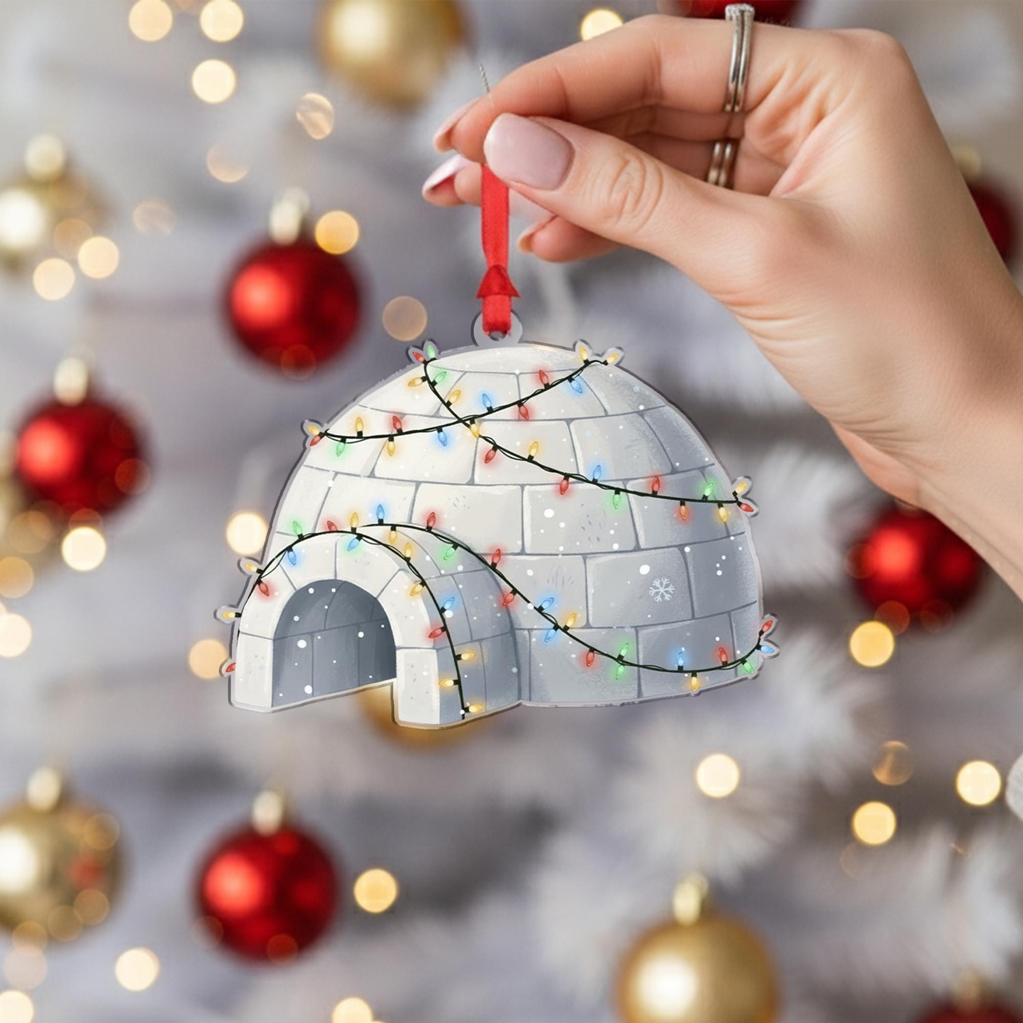 Igloo Ornament with Holiday Lights, Winter Snow House Christmas Decoration