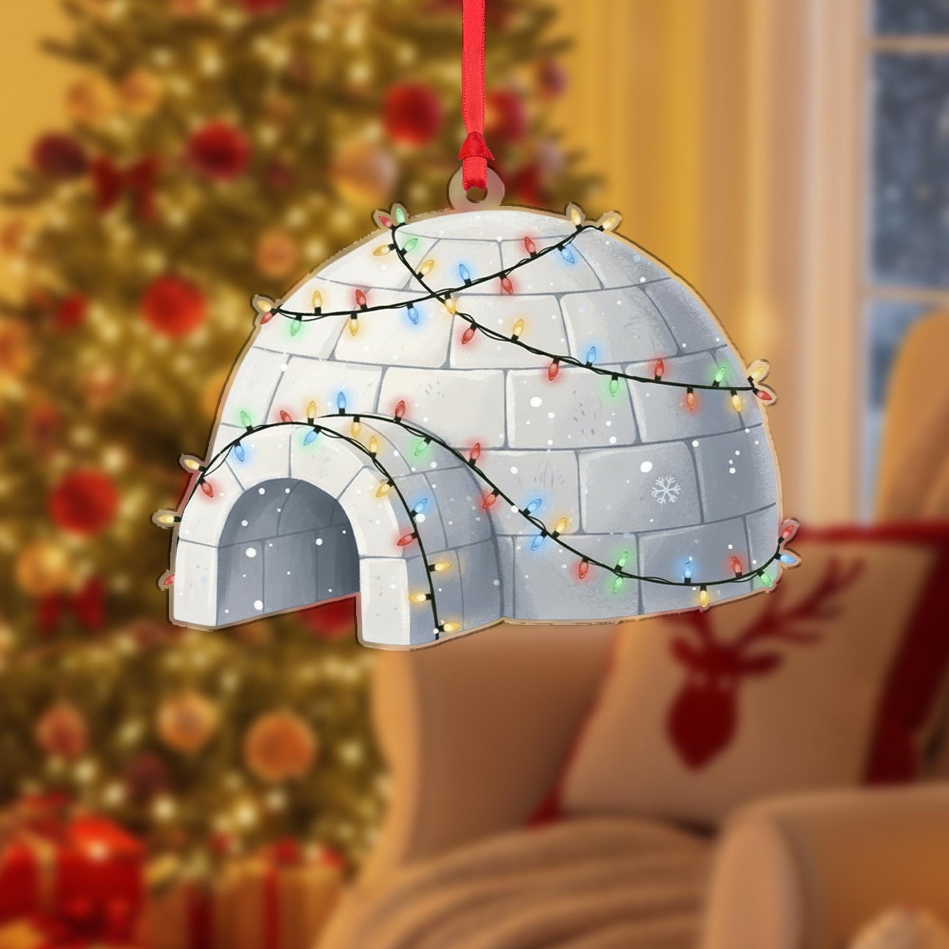 Igloo Ornament with Holiday Lights, Winter Snow House Christmas Decoration