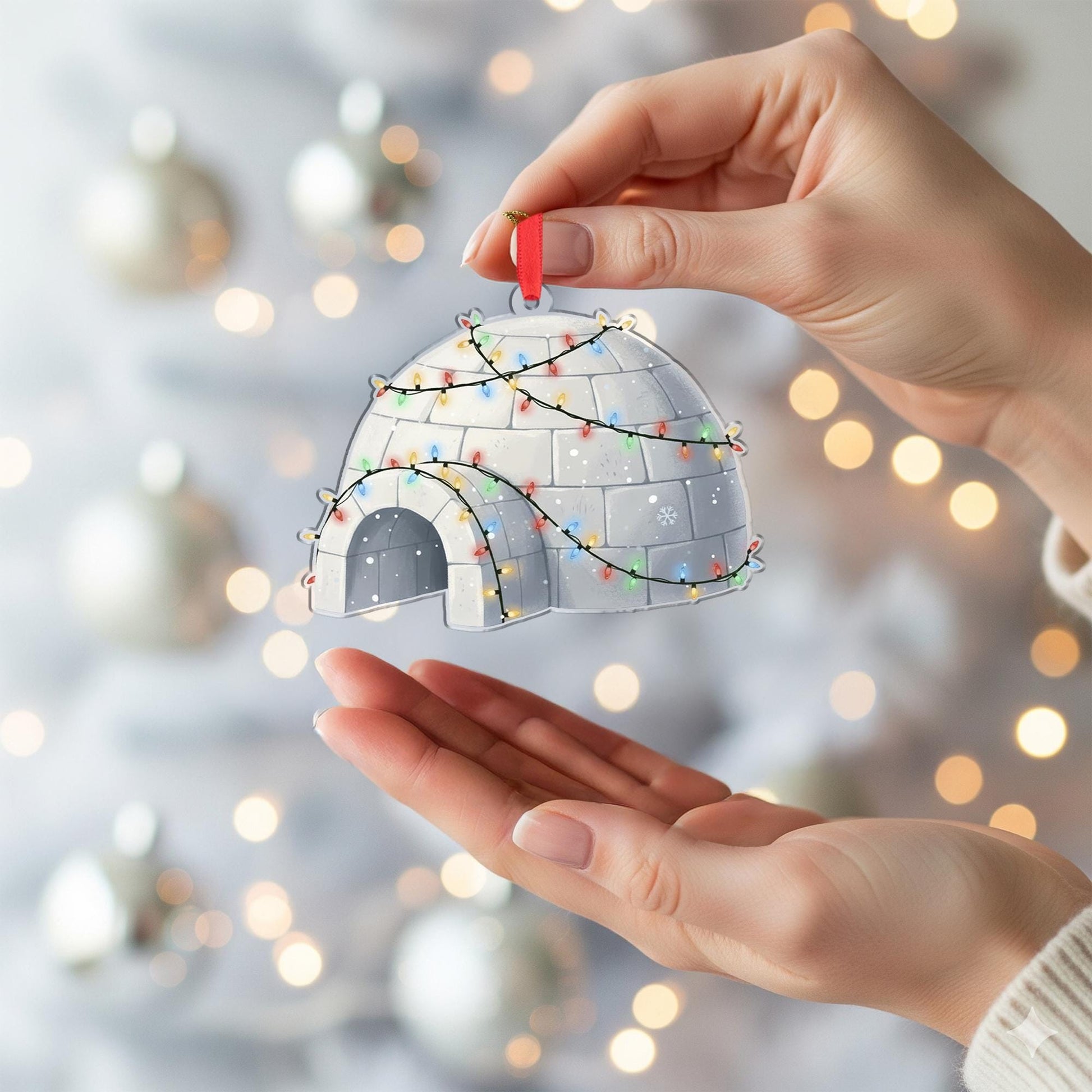 Igloo Ornament with Holiday Lights, Winter Snow House Christmas Decoration