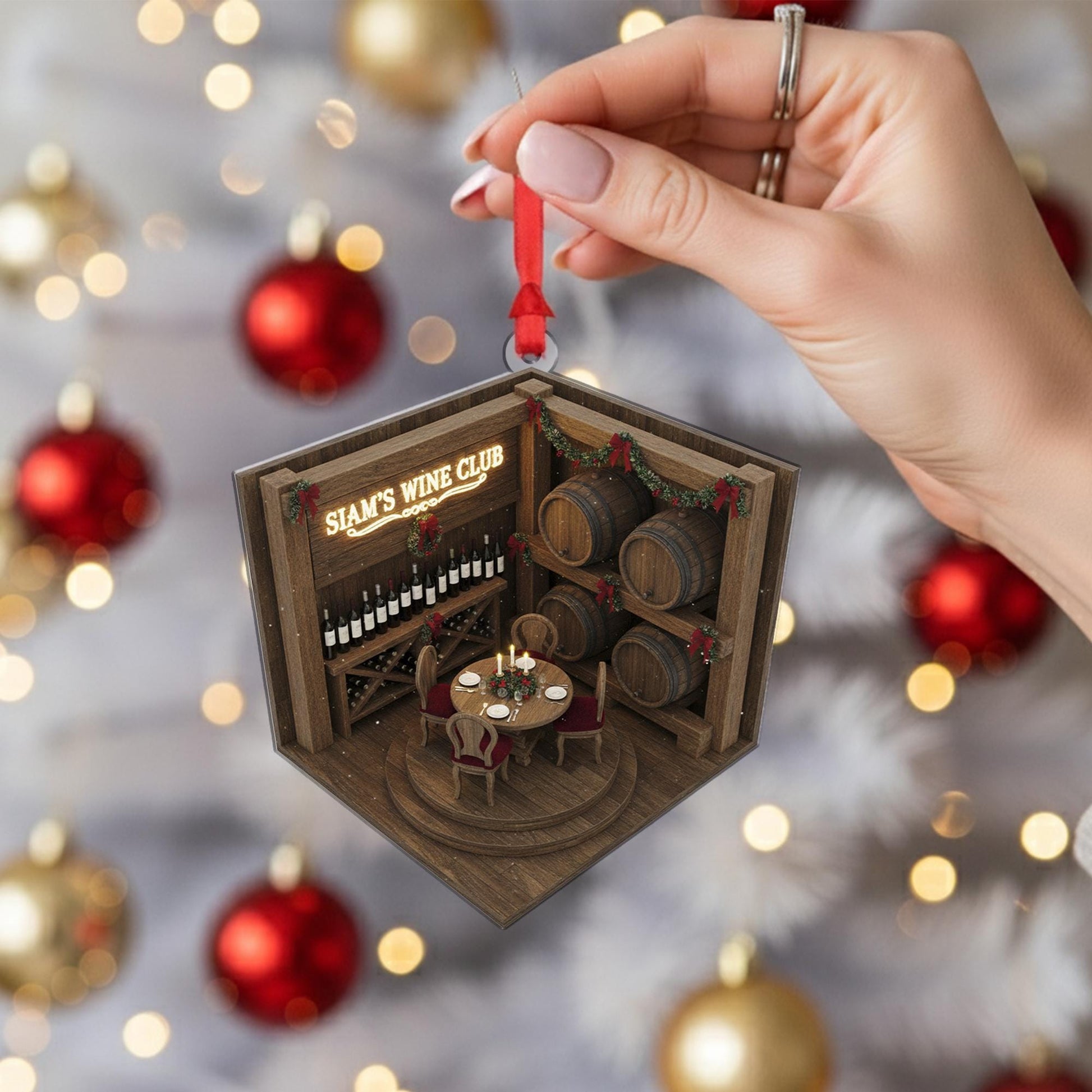 Wine Cellar Ornament with Barrels and Table, Personalized Wine Club Christmas Decoration