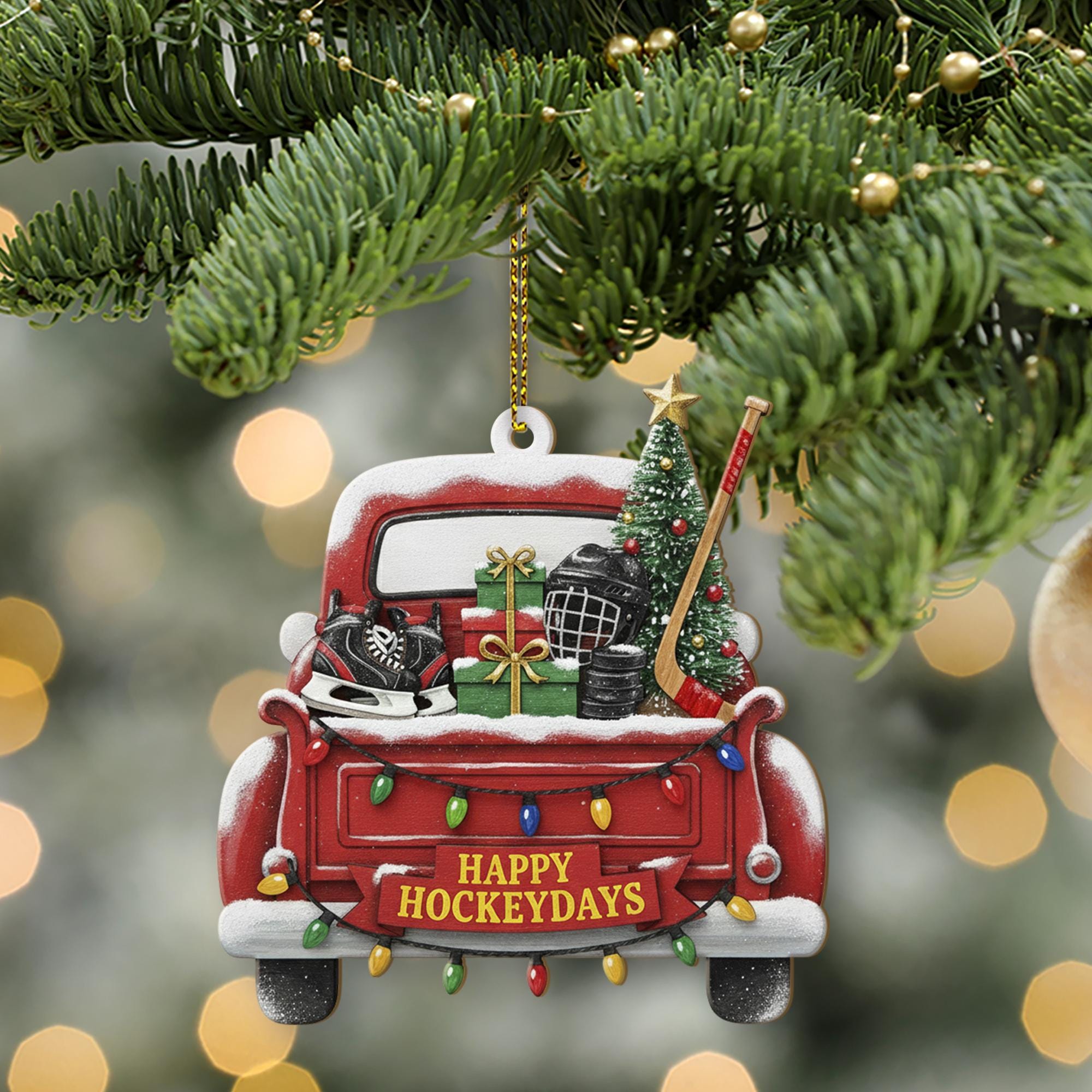 Hockey Truck Christmas Ornament - Red Vintage Pickup Sports Holiday Gift