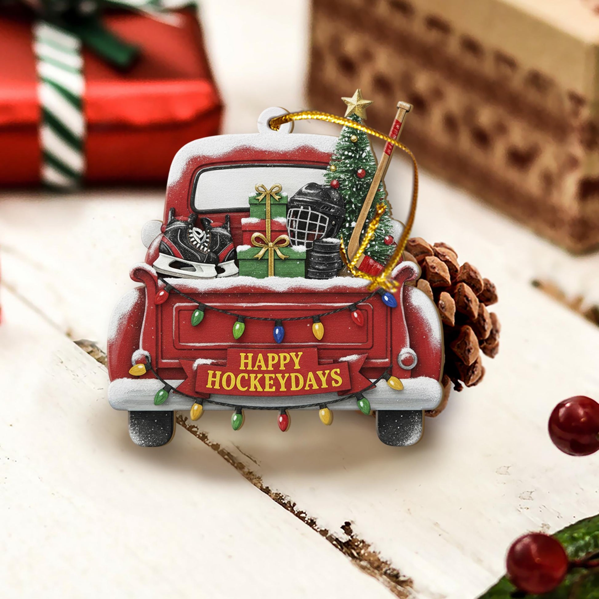 Hockey Truck Christmas Ornament - Red Vintage Pickup Sports Holiday Gift