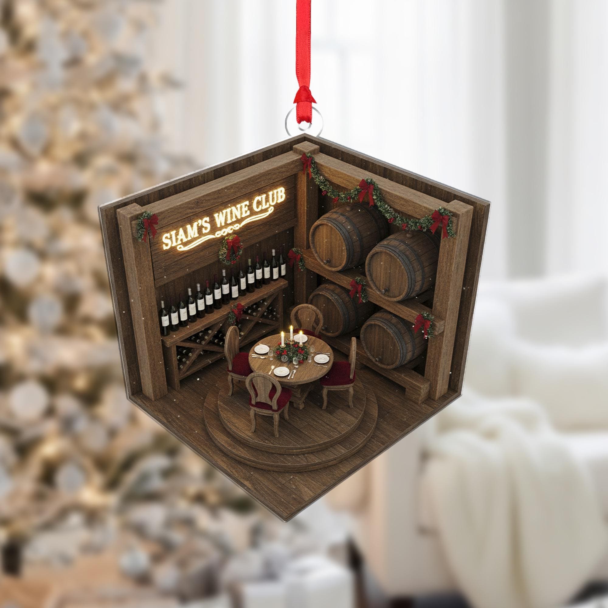 Wine Cellar Ornament with Barrels and Table, Personalized Wine Club Christmas Decoration