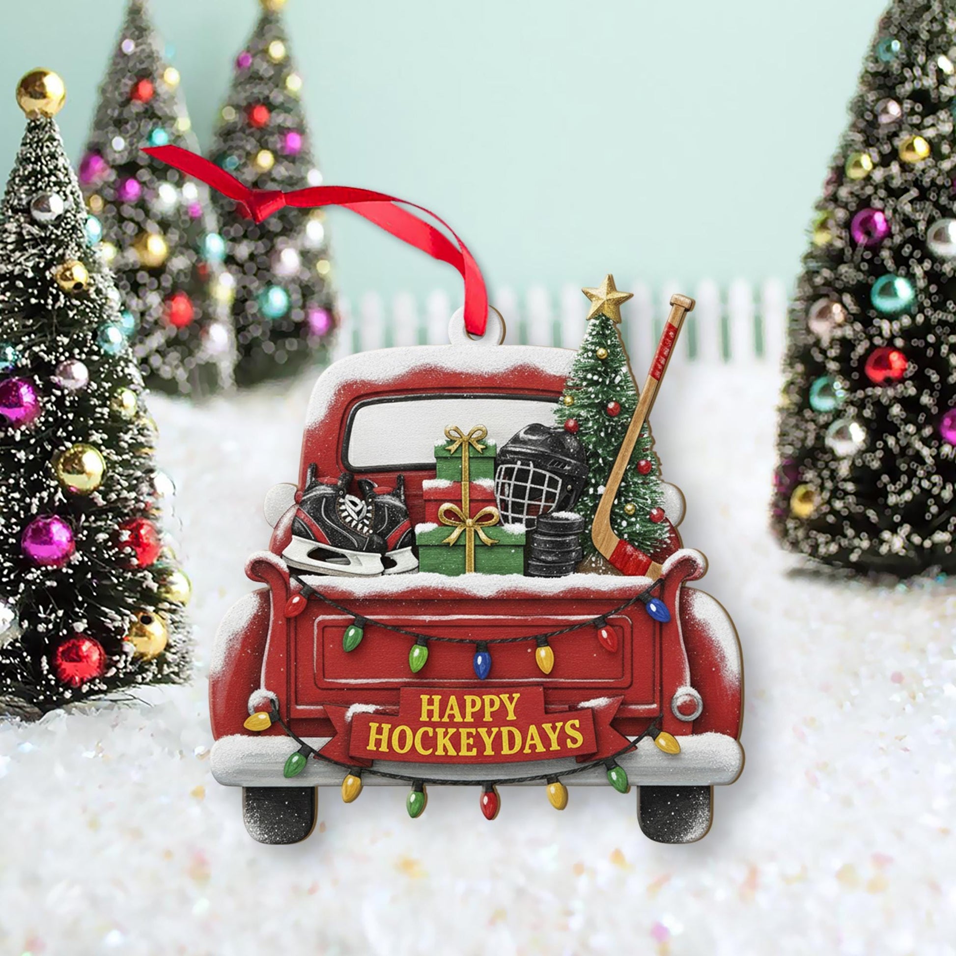 Hockey Truck Christmas Ornament - Red Vintage Pickup Sports Holiday Gift