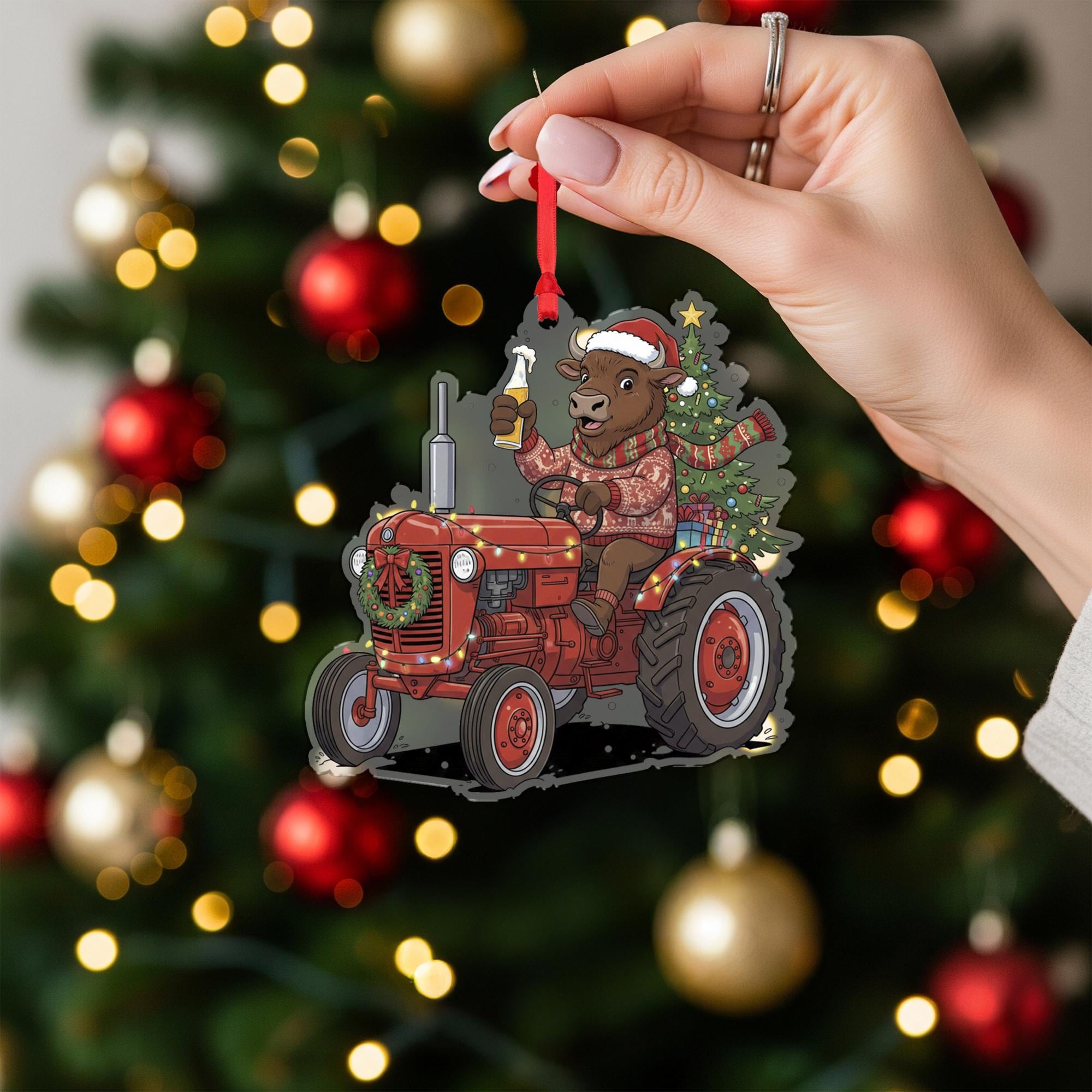 Buffalo Ornament on Tractor with Christmas Tree and Santa Hat, Farm Animal Holiday Decoration