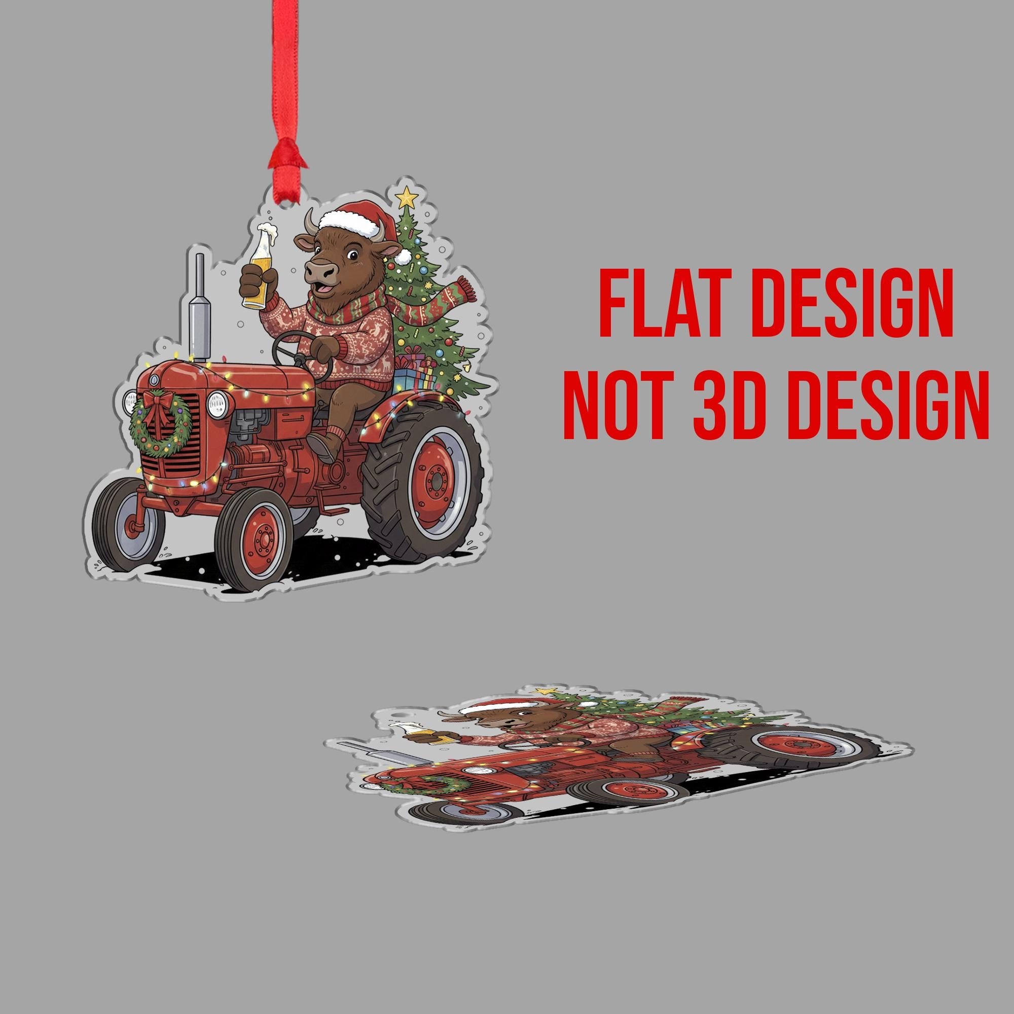 Buffalo Ornament on Tractor with Christmas Tree and Santa Hat, Farm Animal Holiday Decoration