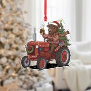 Buffalo Ornament on Tractor with Christmas Tree and Santa Hat, Farm Animal Holiday Decoration