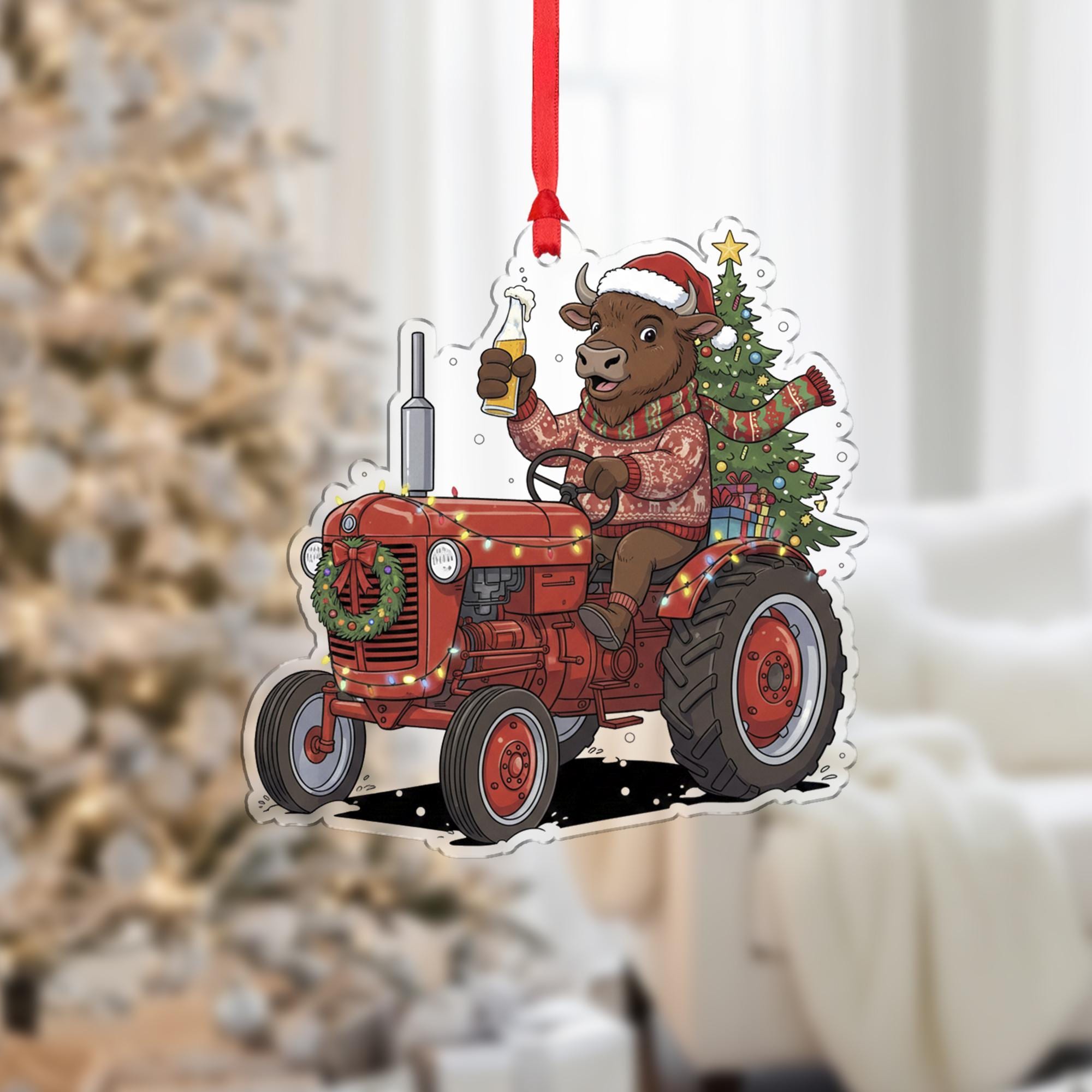 Buffalo Ornament on Tractor with Christmas Tree and Santa Hat, Farm Animal Holiday Decoration