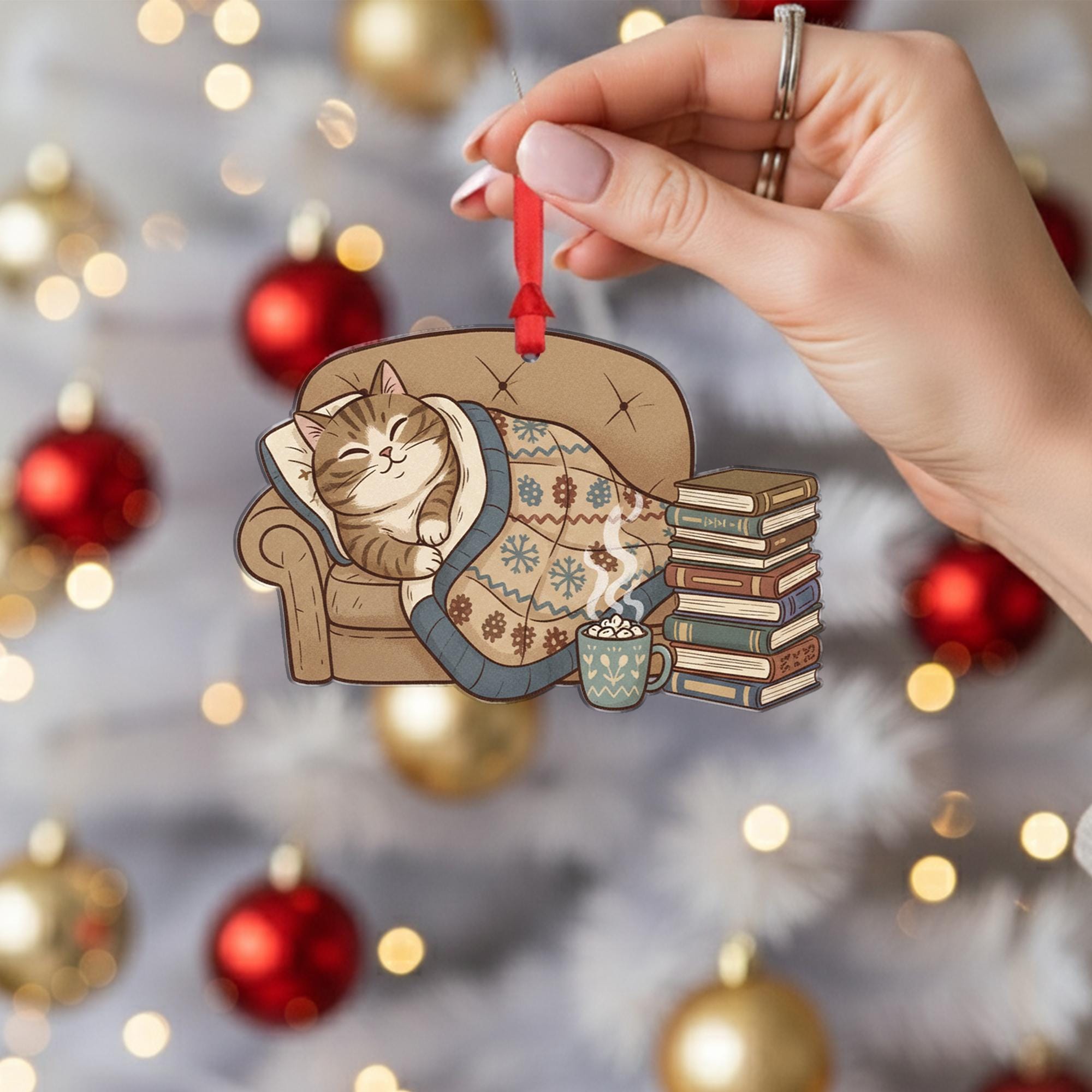 Cat Ornament on Sofa with Blanket and Books, Cozy Christmas Decoration with Hot Cocoa