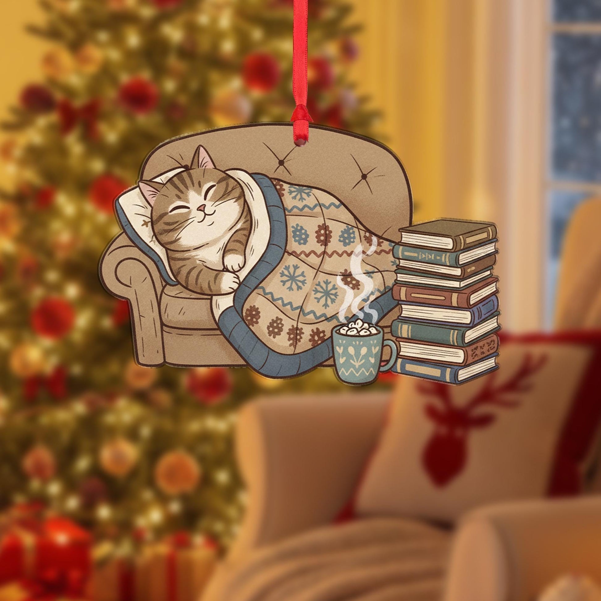 Cat Ornament on Sofa with Blanket and Books, Cozy Christmas Decoration with Hot Cocoa