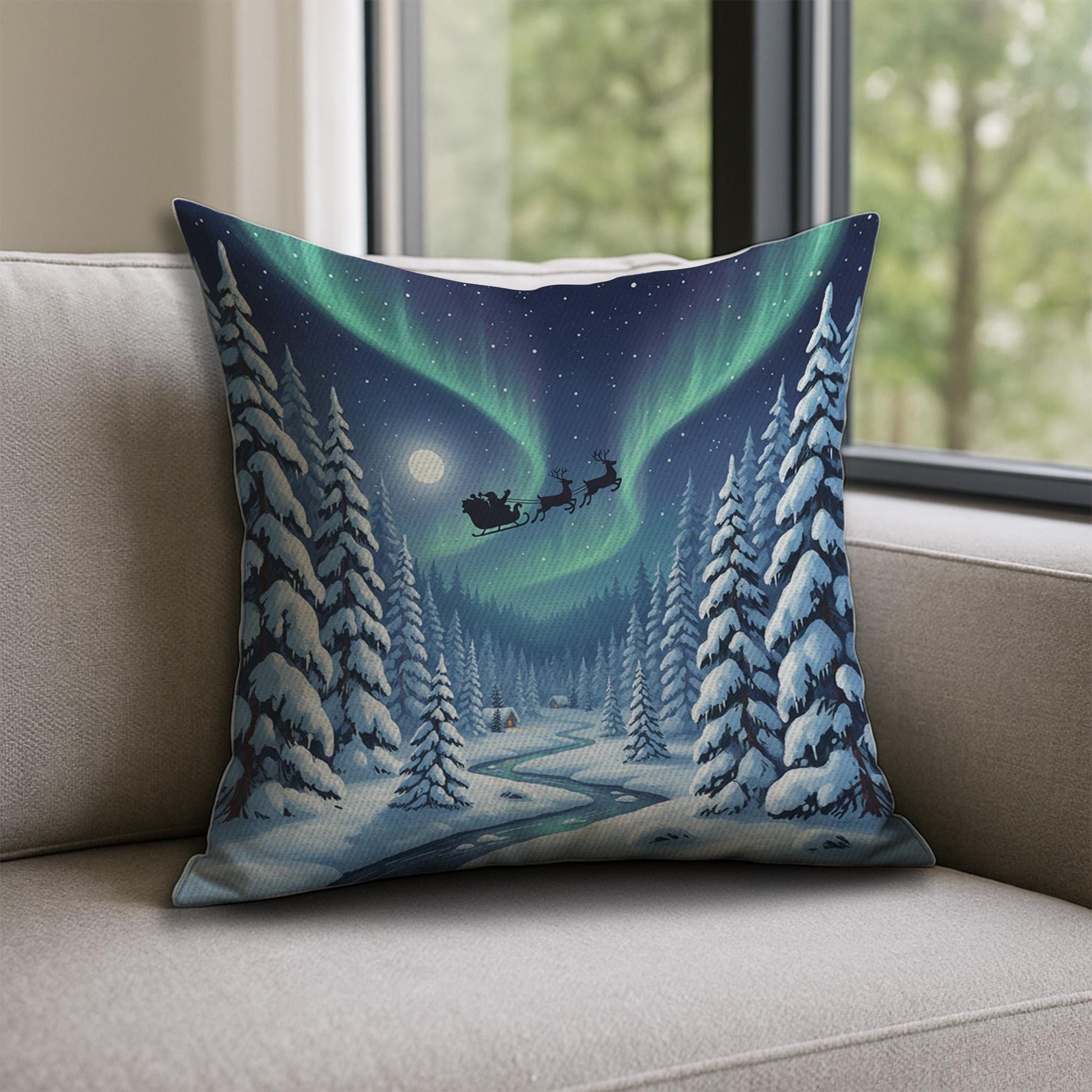 Christmas Pillow with Santa Sleigh and Northern Lights, Winter Snowy Forest Decorative Cushion
