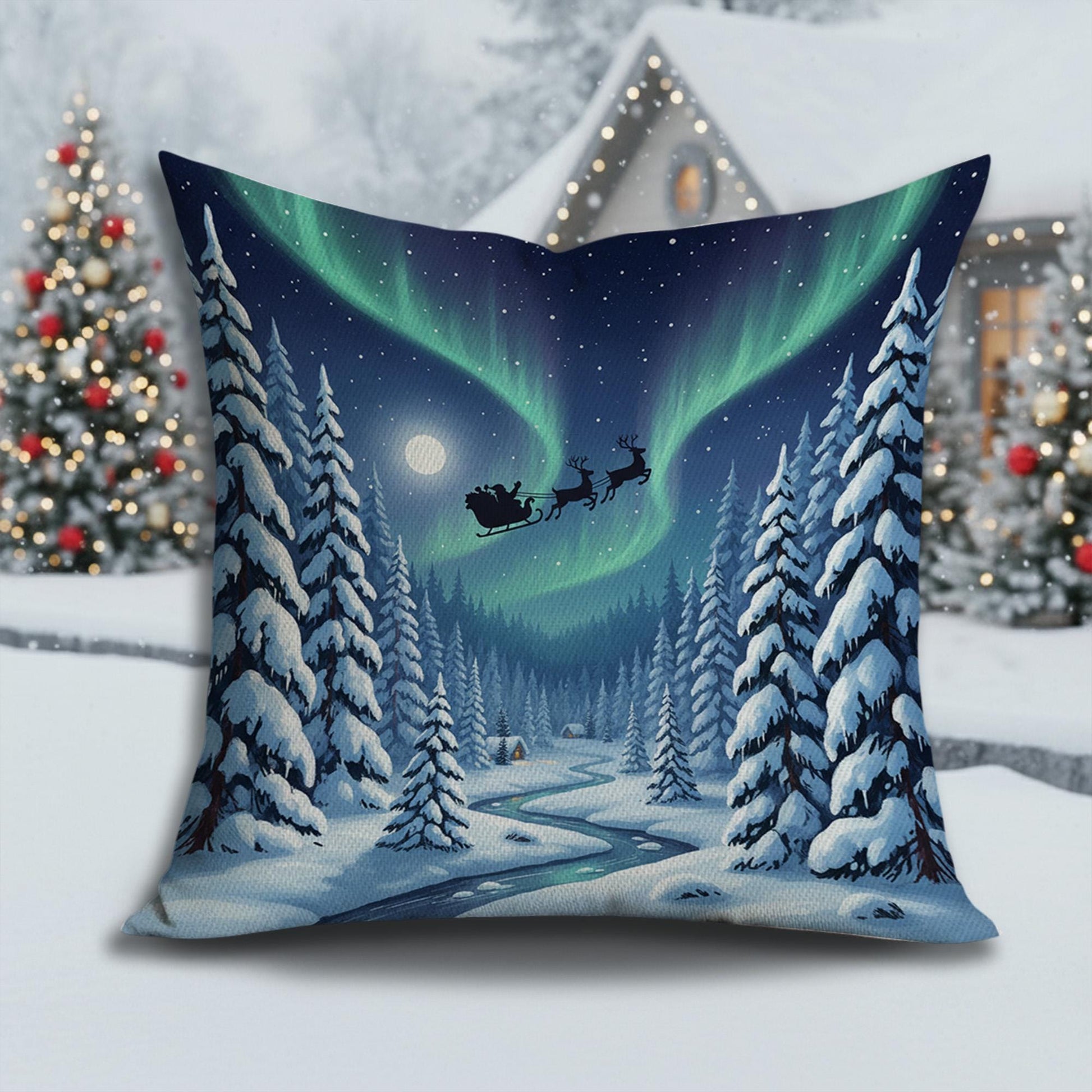 Christmas Pillow with Santa Sleigh and Northern Lights, Winter Snowy Forest Decorative Cushion
