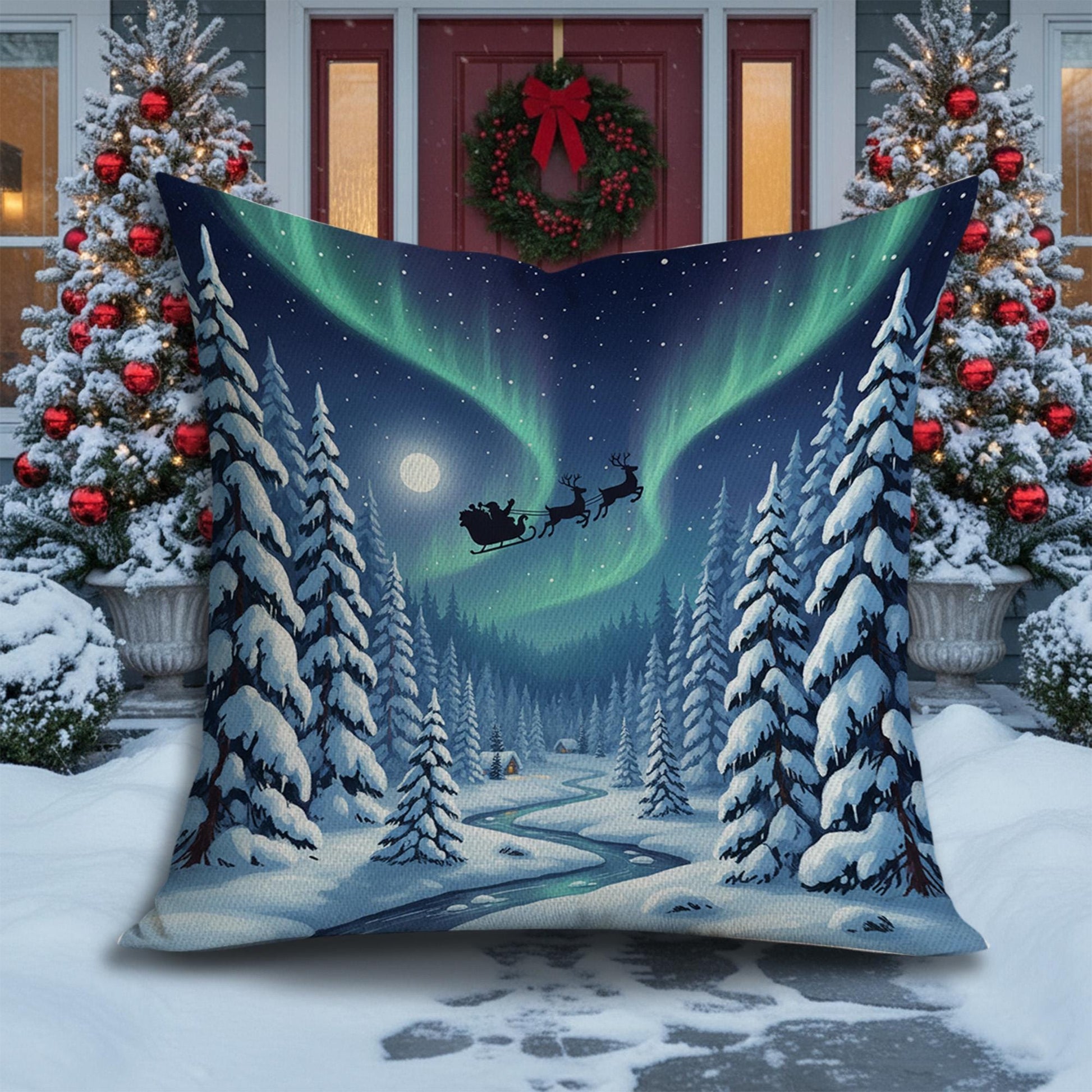 Christmas Pillow with Santa Sleigh and Northern Lights, Winter Snowy Forest Decorative Cushion