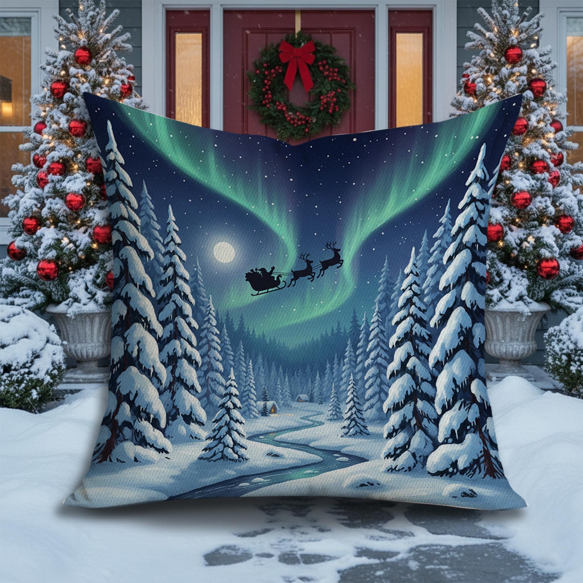 Christmas Pillow with Santa Sleigh and Northern Lights, Winter Snowy Forest Decorative Cushion