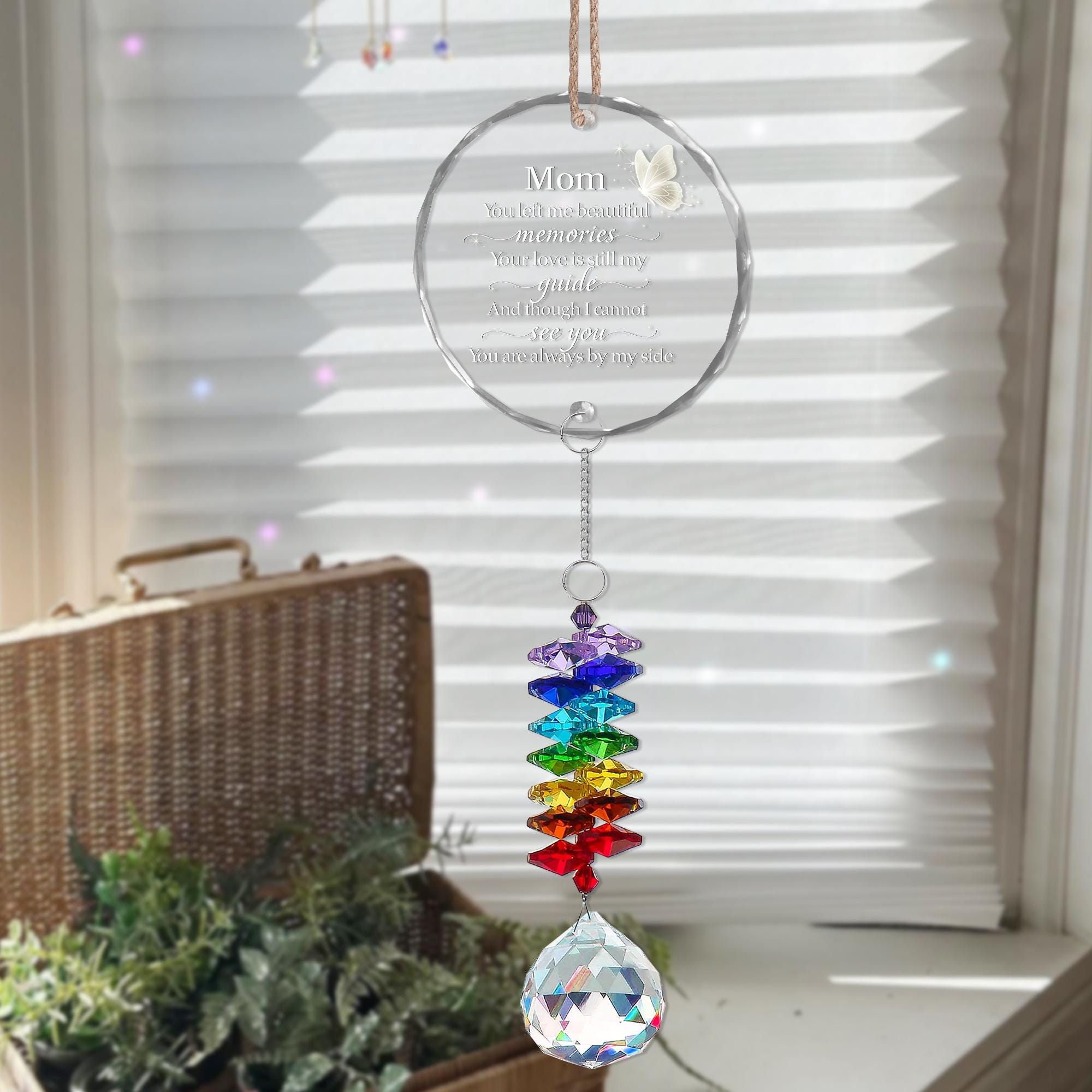 Mom Memorial Glass Ornament with White Butterfly Charm and Crystal Rainbow Suncatcher