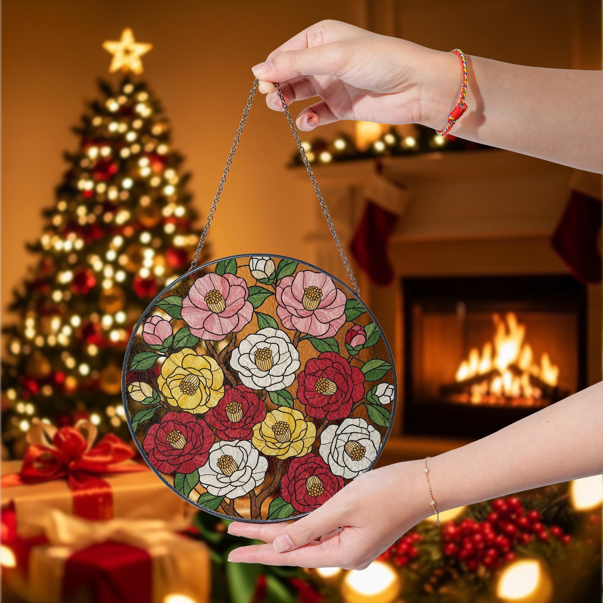 Glass Suncatcher with Floral Design, Round Hanging Faux Stained Glass Window Decoration