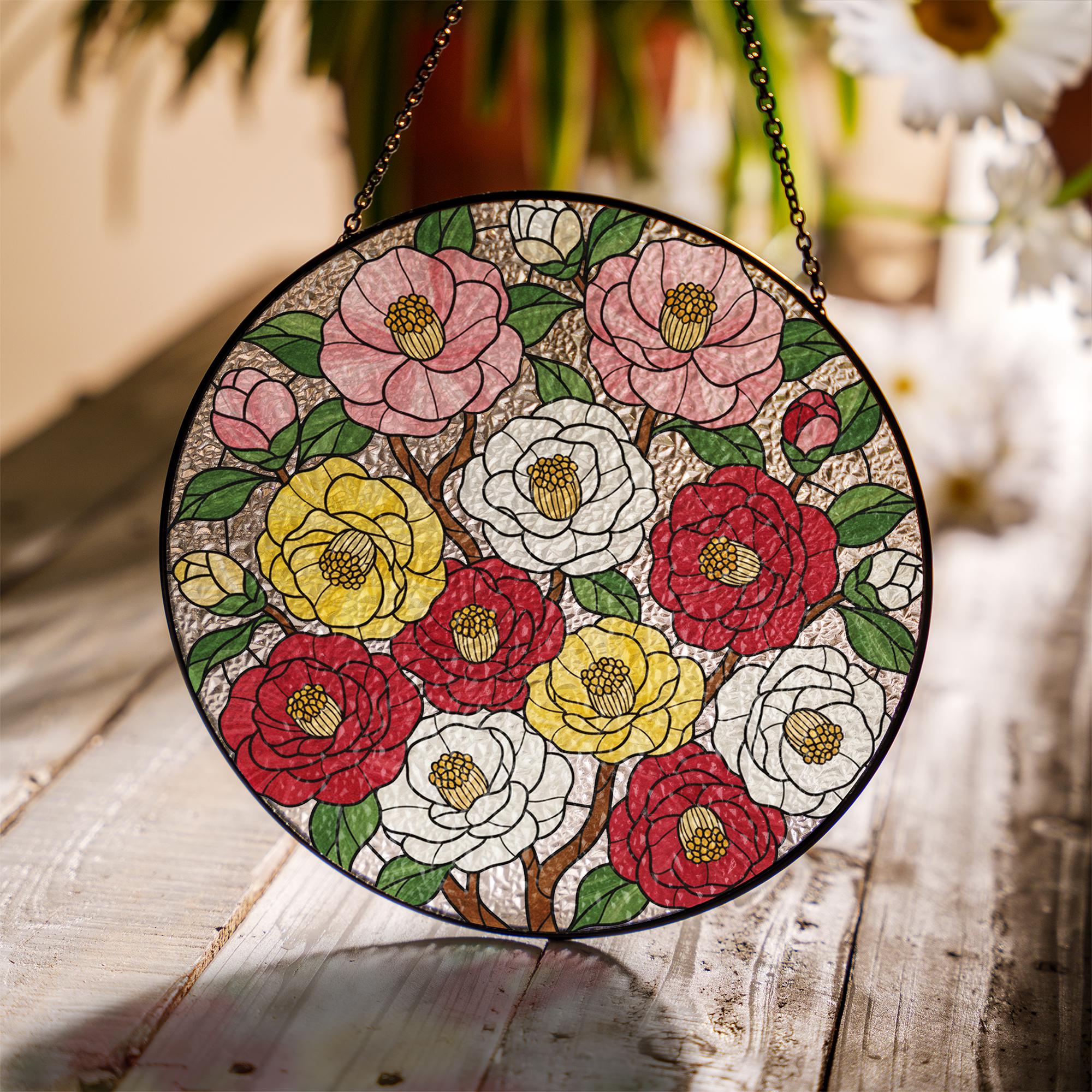 Glass Suncatcher with Floral Design, Round Hanging Faux Stained Glass Window Decoration