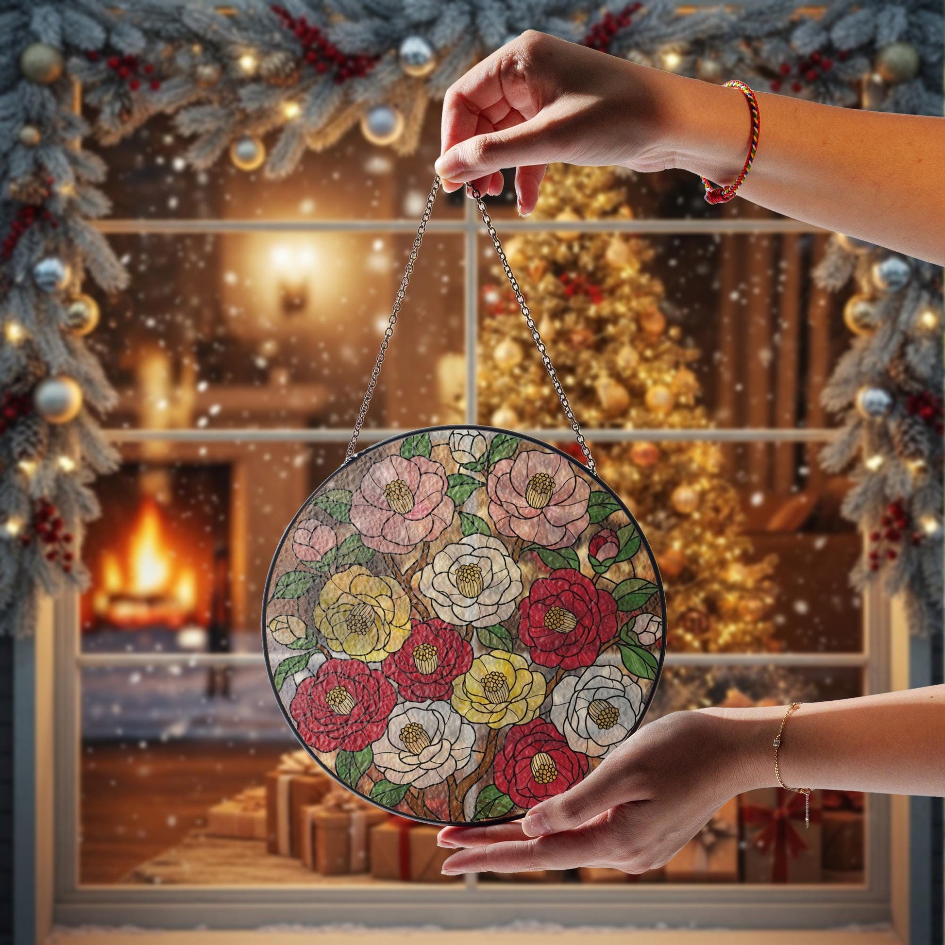 Glass Suncatcher with Floral Design, Round Hanging Faux Stained Glass Window Decoration