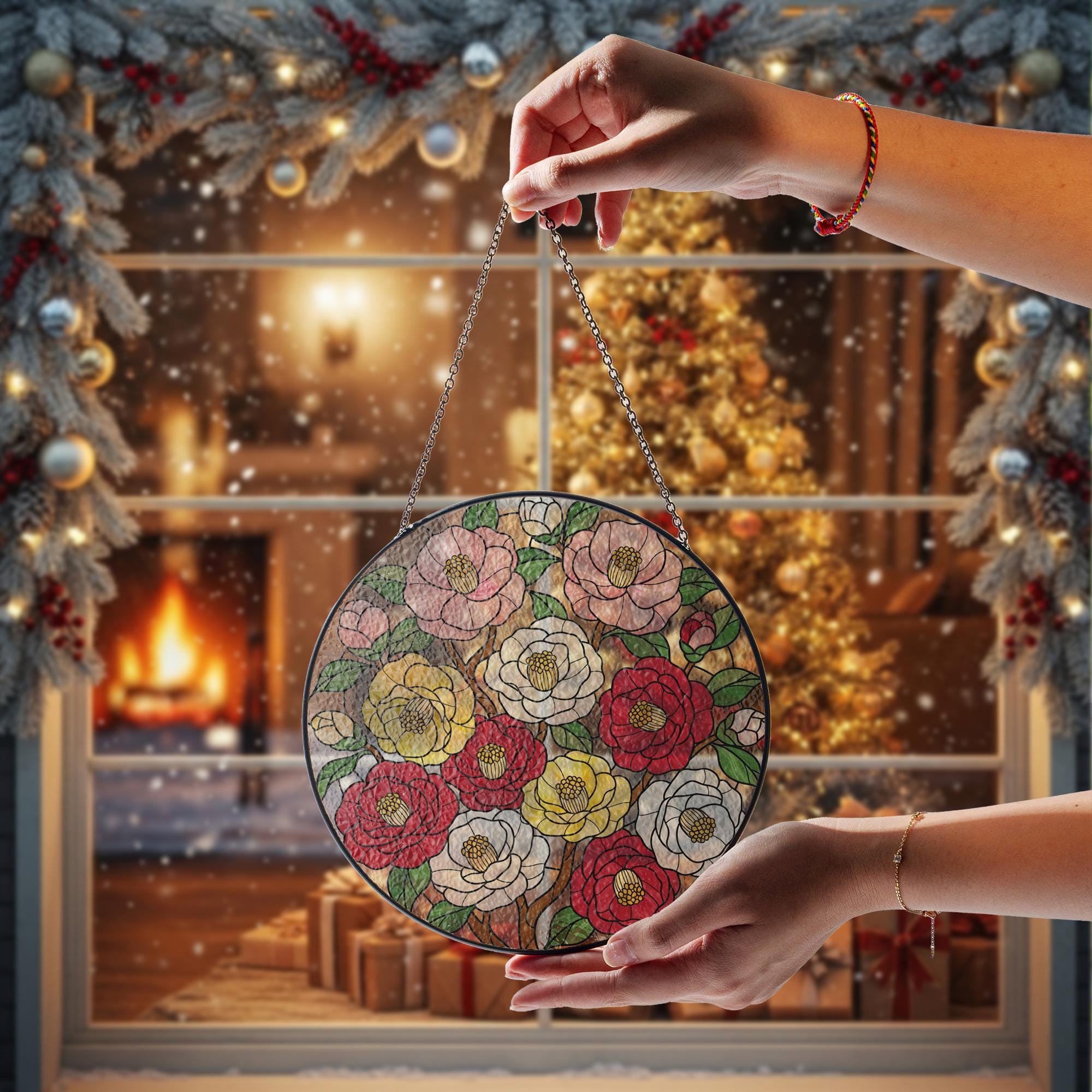 Glass Suncatcher with Floral Design, Round Hanging Faux Stained Glass Window Decoration