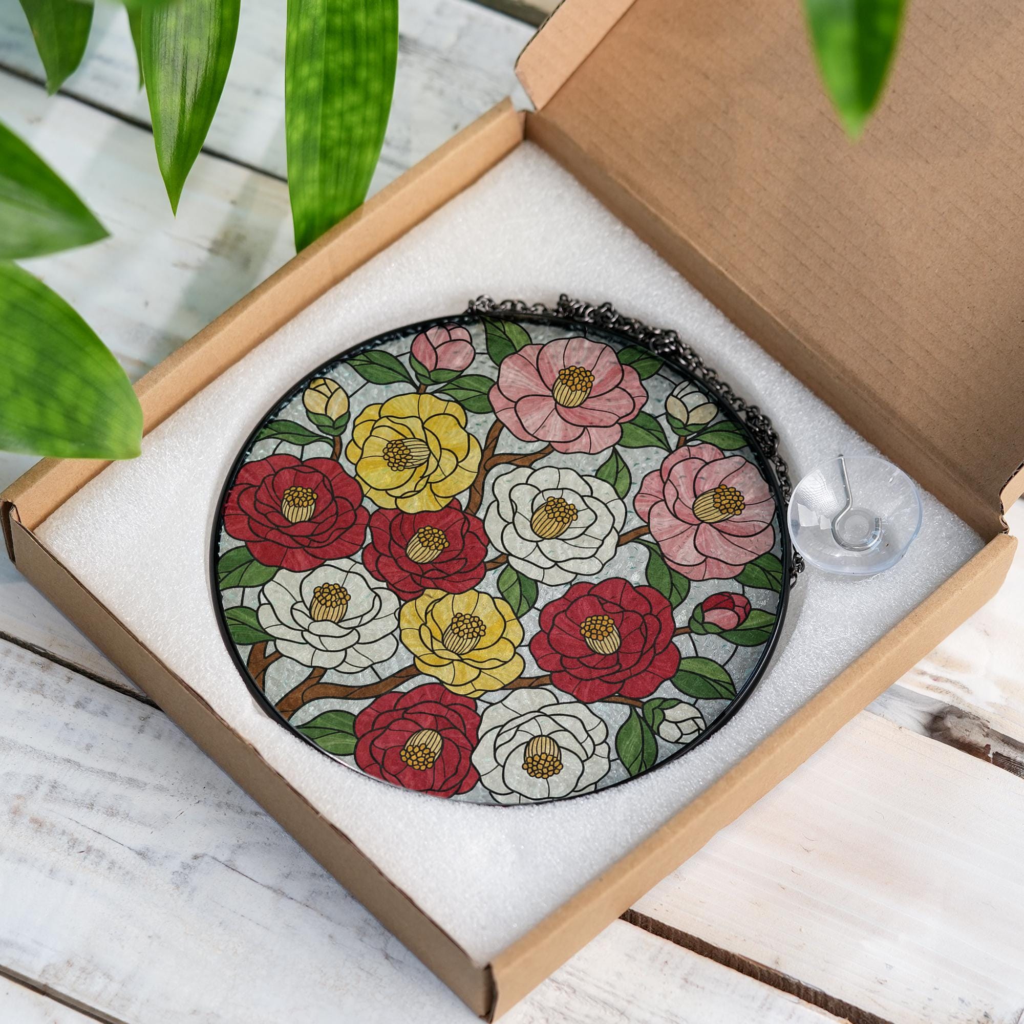 Glass Suncatcher with Floral Design, Round Hanging Faux Stained Glass Window Decoration